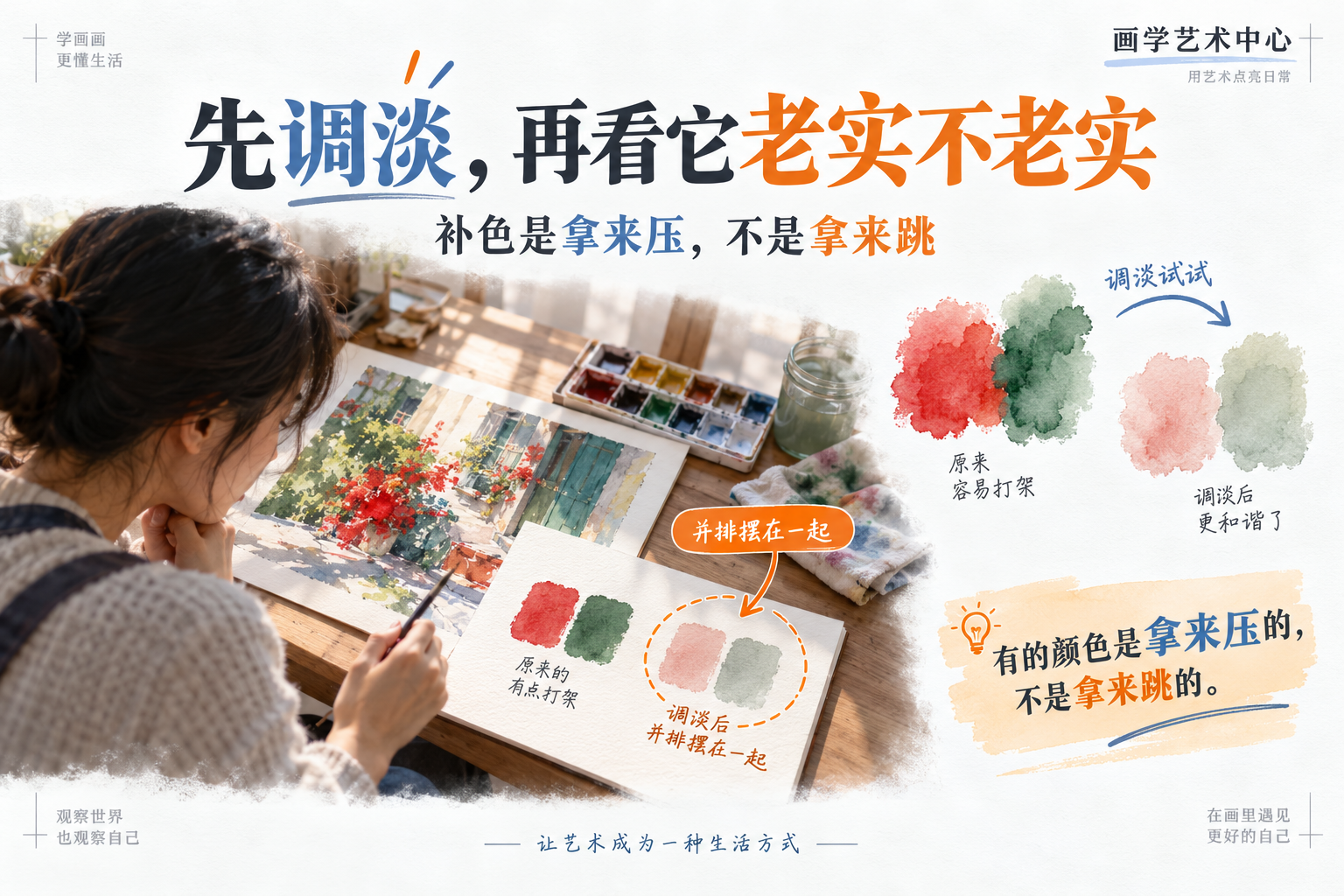 给读者一个自查动作：把两个想打架的颜色各自往淡了调，再并排摆，看它们是不是就老实下来；提醒「有的颜色是拿来压的，不是拿来跳的」。