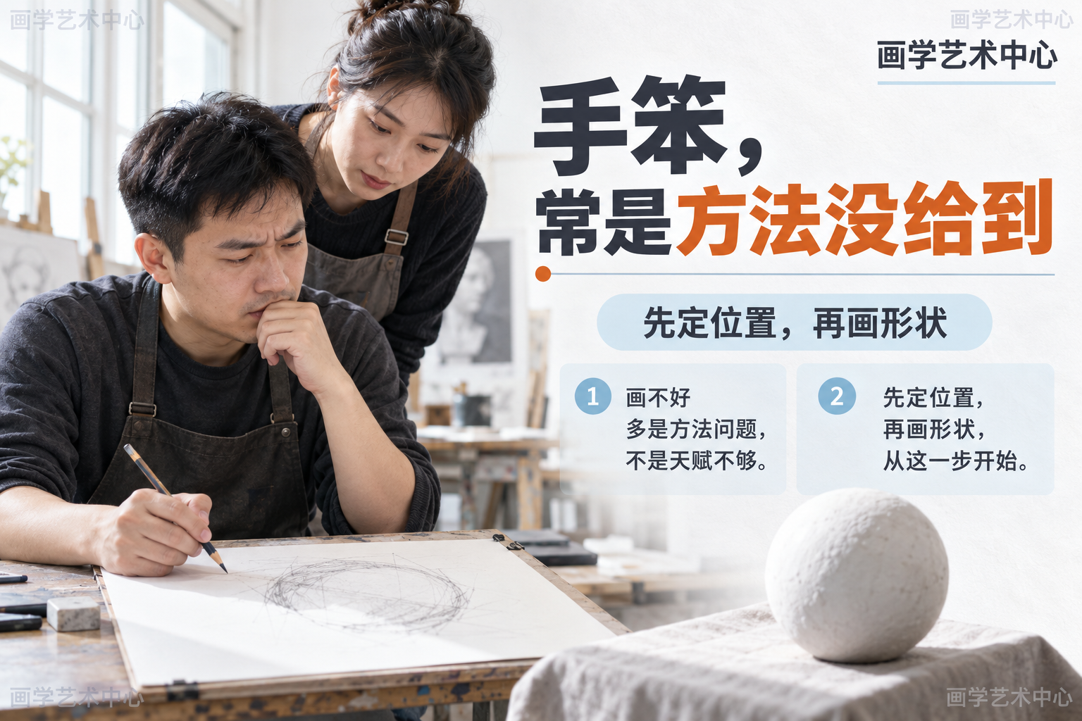引出「成人学画画总说自己手笨」的现象,并暗示卡点其实多在「方法/起形」而非「天赋/手感」,弱化天赋归因,给出可动手的第一步。
