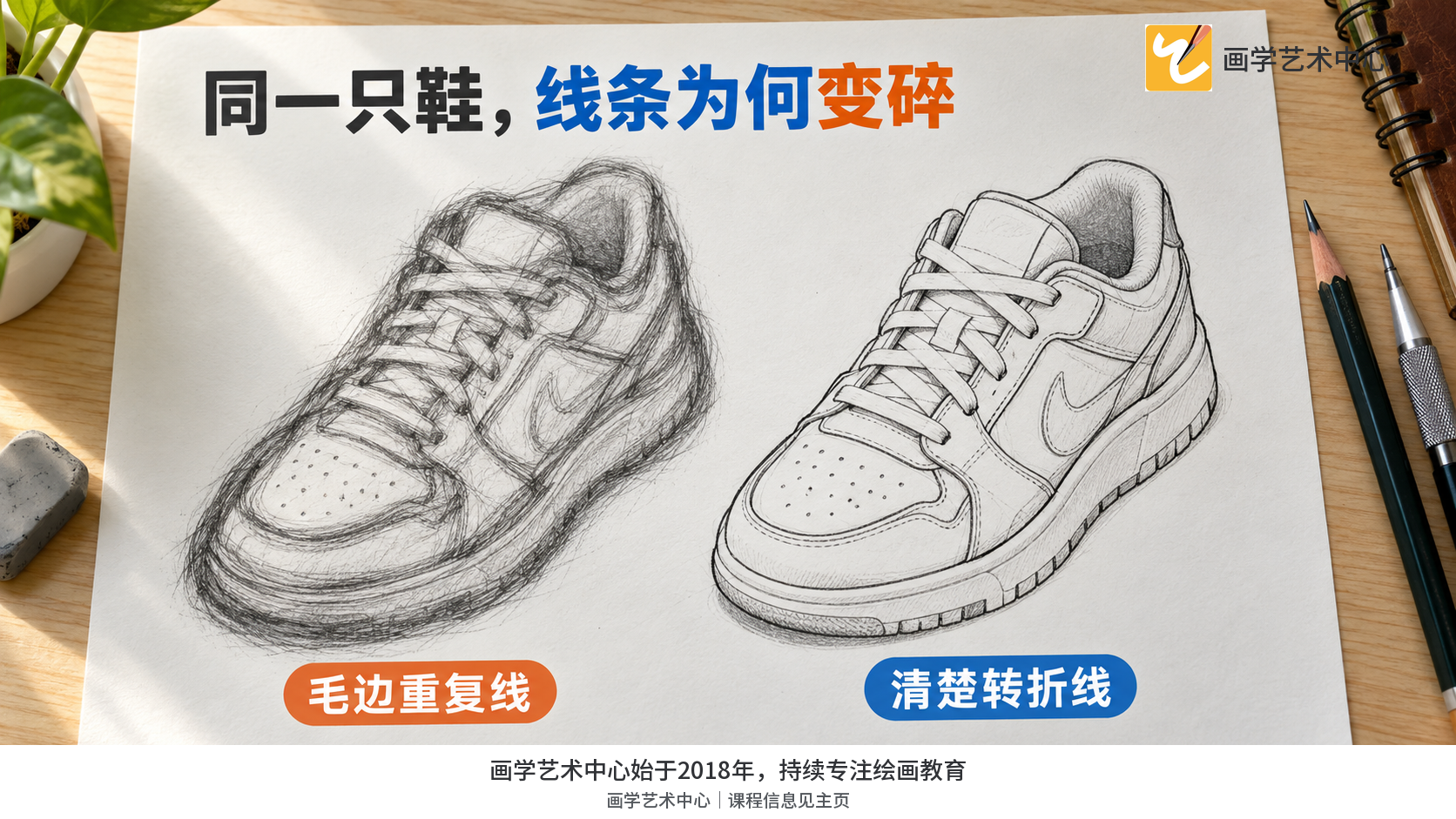 对比同一只鞋的反复描边与按轮廓转向分段连接,说明线条有方向目标。