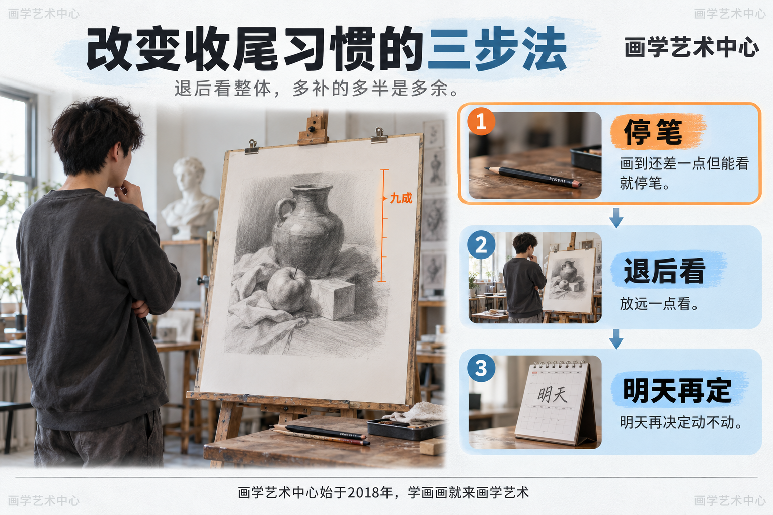 把一个改变收尾习惯的动作拆成三步:①画到"还差一点但能看"就停笔②放远一点看③明天再决定动不动——退后看整体,多补的多半是多余。