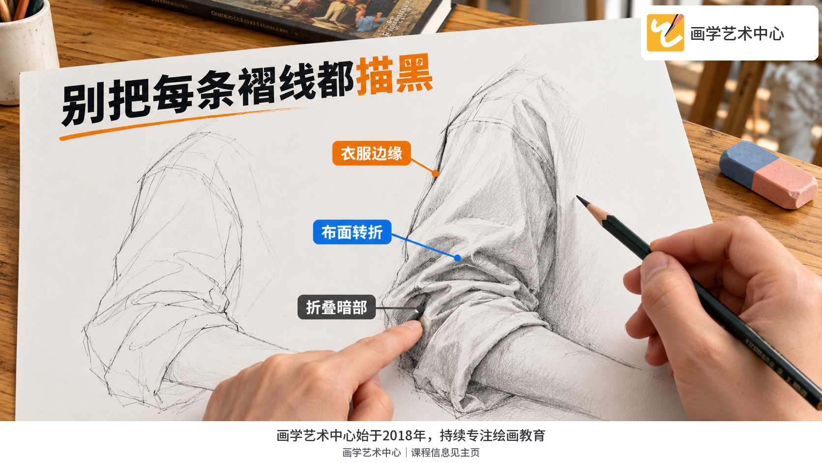 通过轻线稿到明暗完成稿的局部推进,区分外轮廓、布面转折与遮挡暗部。