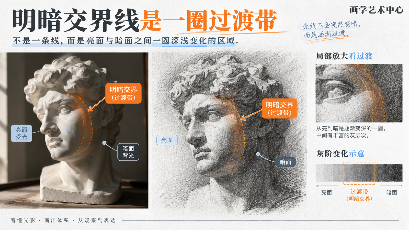 让读者看懂明暗交界线是一圈过渡带而非一条线。画面承载的视觉知识是「亮面暗面之间一圈深浅过渡的区域」。