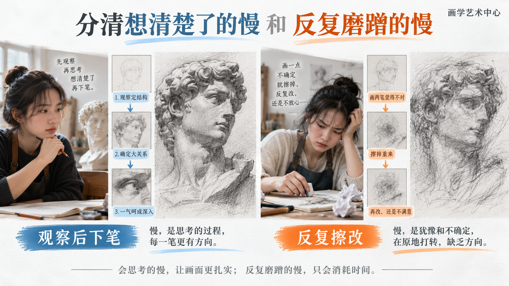 让读者分清想清楚了慢和反复磨蹭的慢。画面承载的视觉知识是「观察后下笔 vs 反复擦改」。