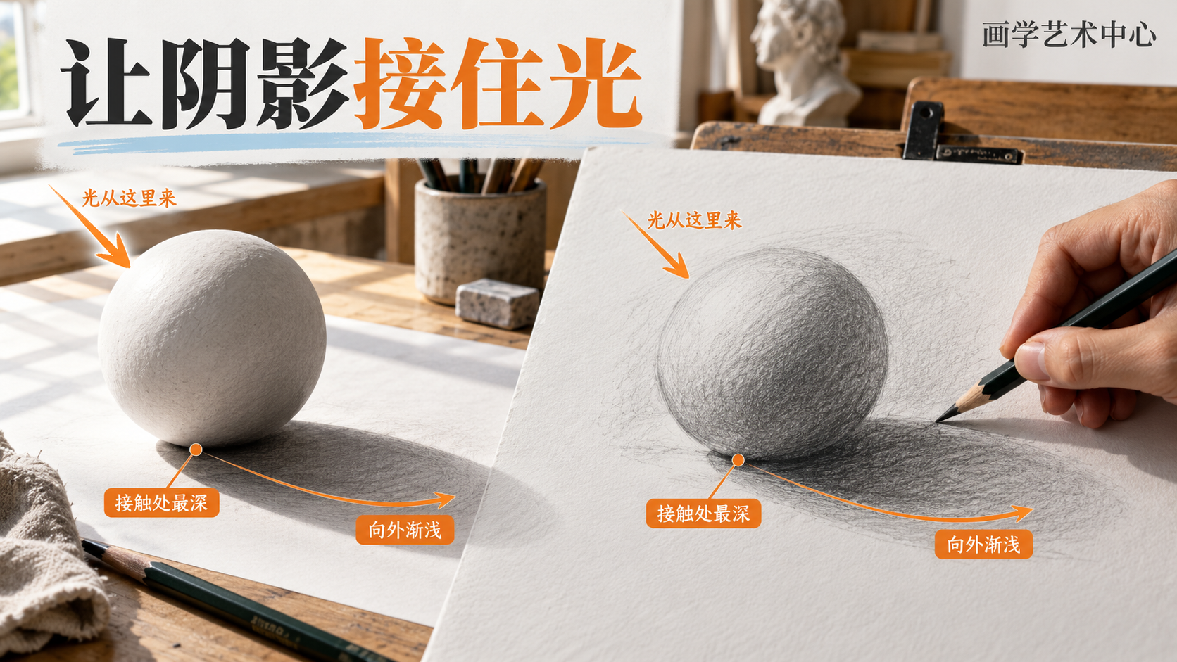 让读者看清画出深浅过渡的阴影才自然真实。画面承载的视觉知识是「阴影由深到浅过渡、接住光」。