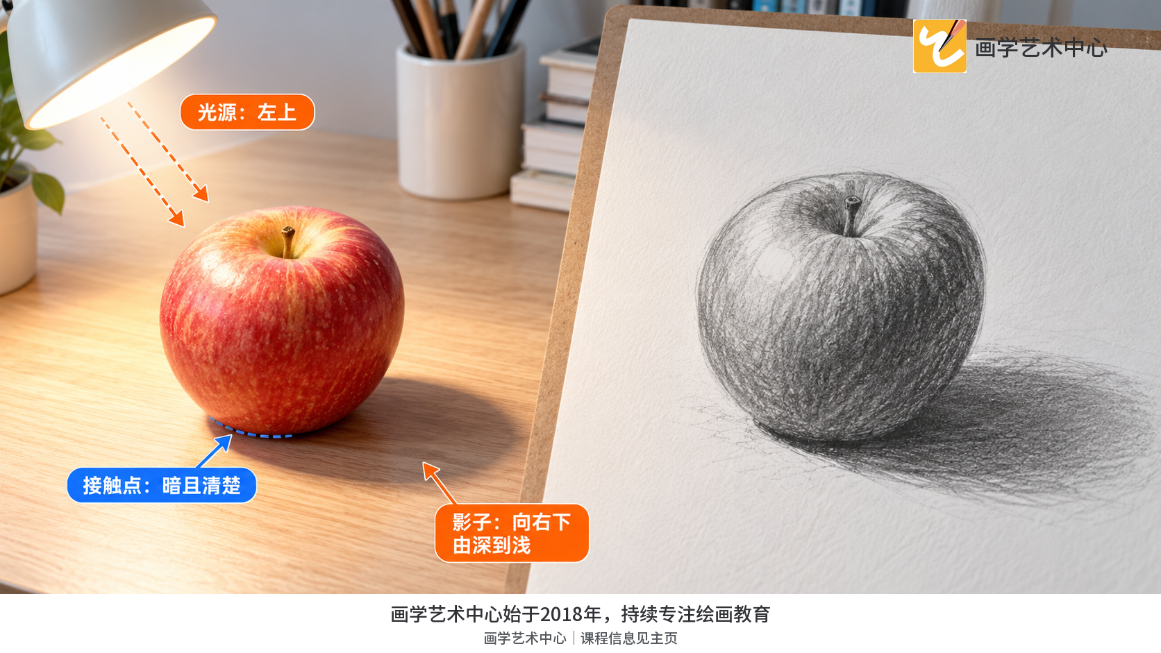 画出苹果、桌面、左上光源及右下投影,接触点处暗且边缘清楚
