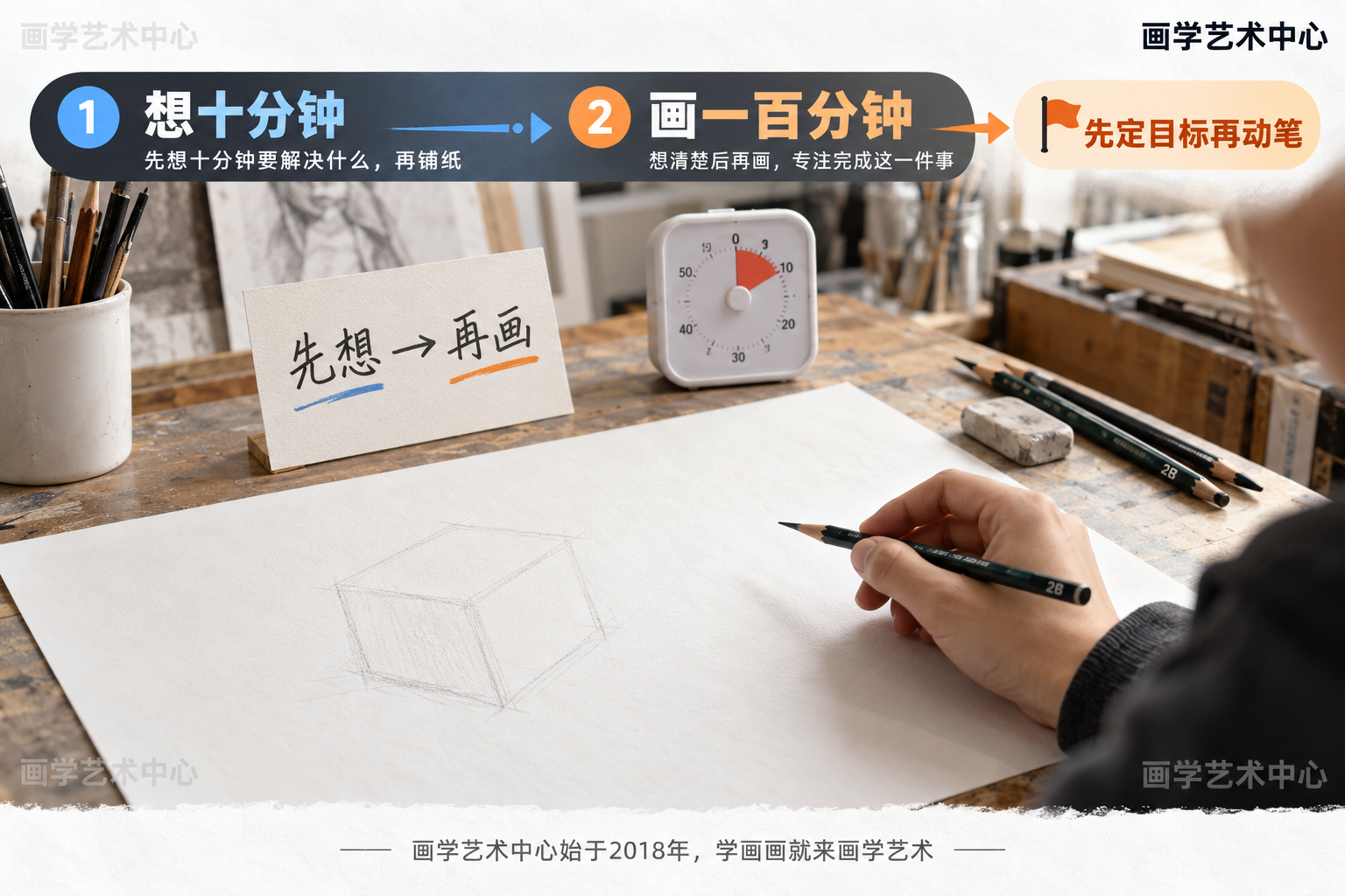 给一条落地的拆法：把两小时拆成「先想十分钟＋再画一百分钟」，动笔前先想清楚今天要解决哪一件事，想不明白就先别铺纸，问清楚再画。