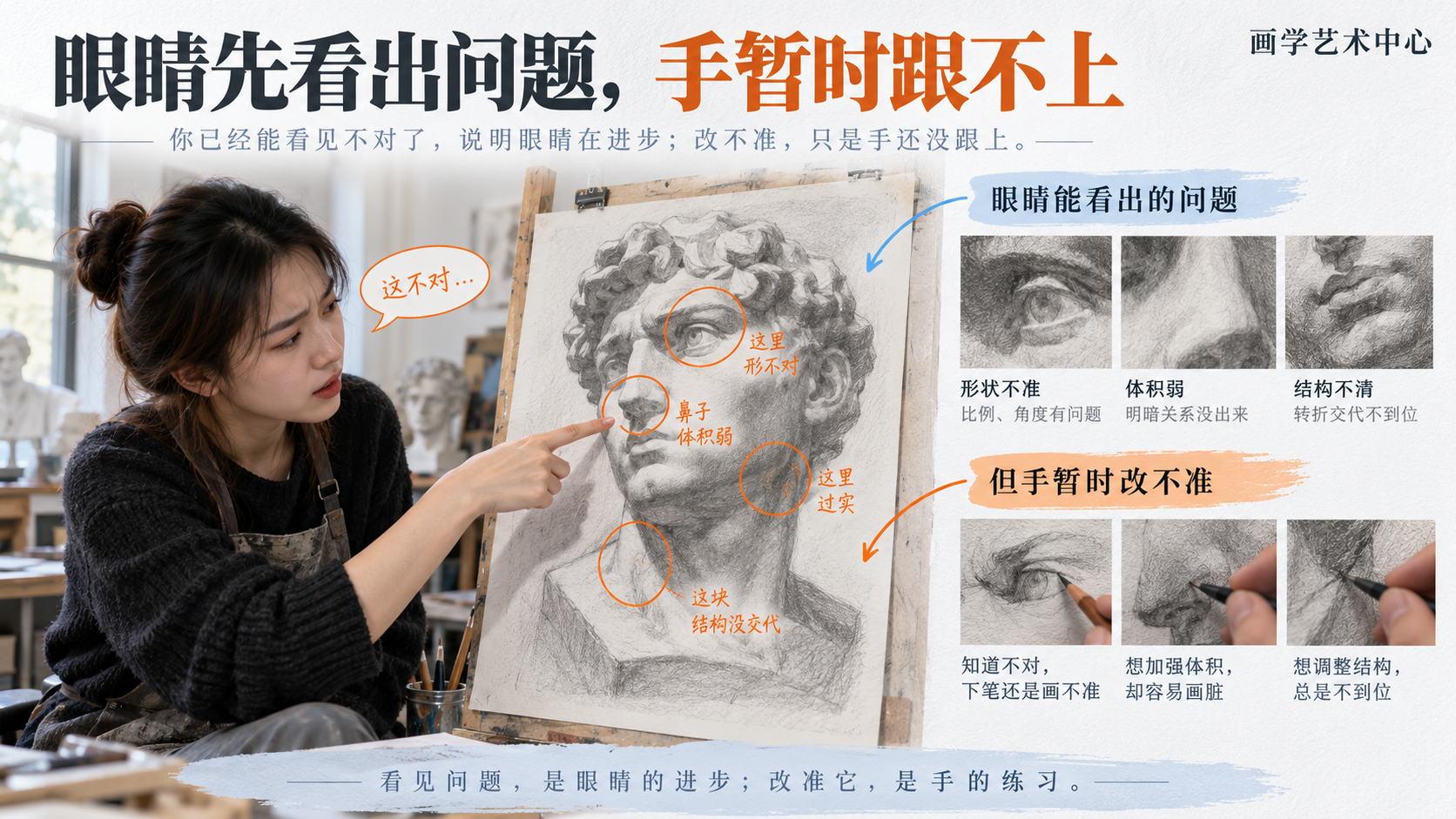让读者看懂眼睛比手先进步。画面承载的视觉知识是「眼睛能看出的问题、手暂时跟不上」。