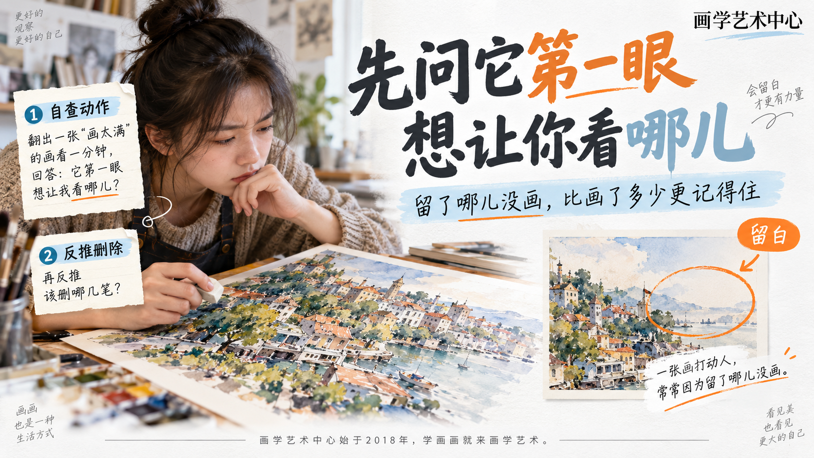 给读者一个自查动作：翻出"画太满"的一张画看一分钟，回答"它第一眼想让我看哪儿&quot，再反推该删哪几笔；强调「一张画打动人，常常因为留了哪儿没画」。