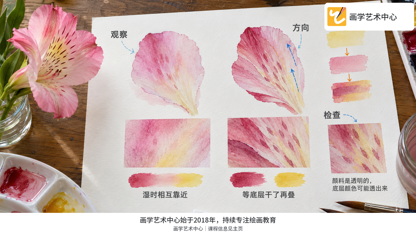 同一水彩花瓣局部一湿一干叠色关系