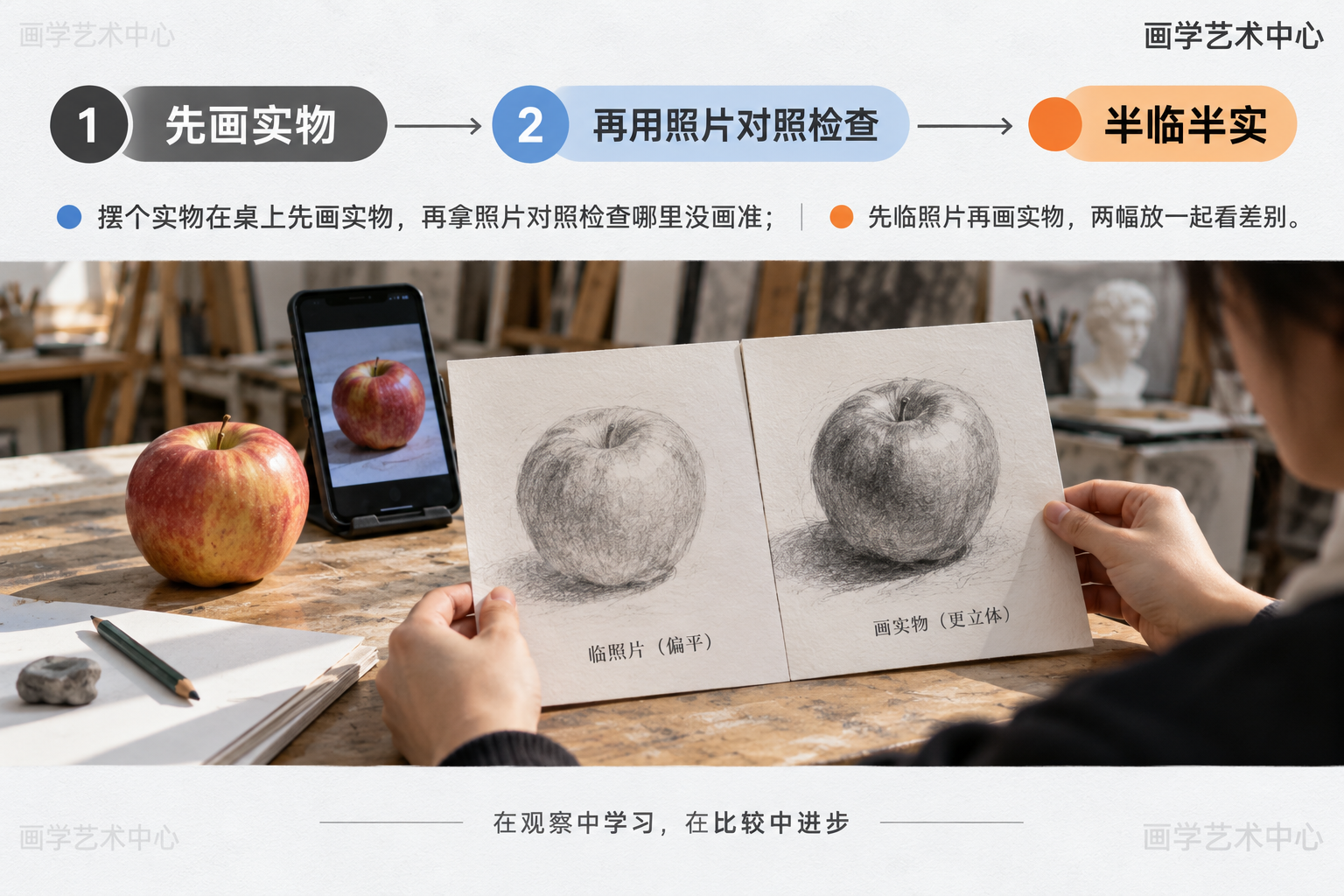 给一条练习提示：摆个实物在桌上先画实物，再拿照片对照检查哪里没画准；先临照片再画实物两幅放一起看差别。
