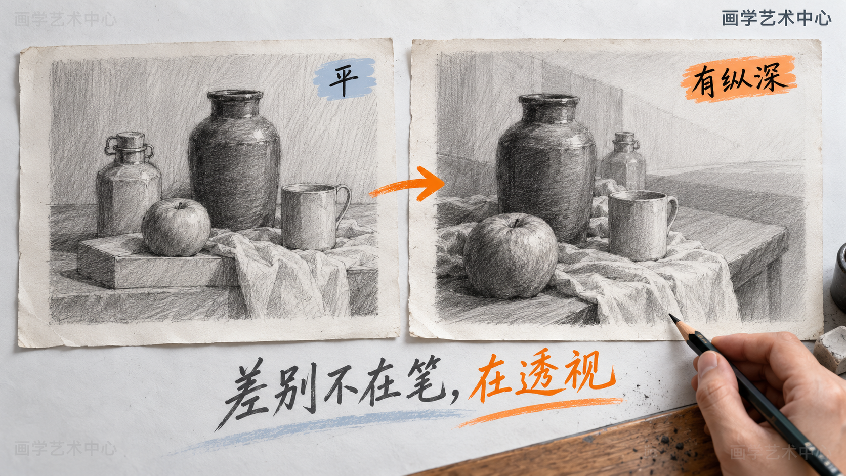 讲透"画面平不是因为排线或不够黑，而是没把透视收进去&quot，用一幅平、一幅有纵深的静物对照来承载，一处画面一个答案。