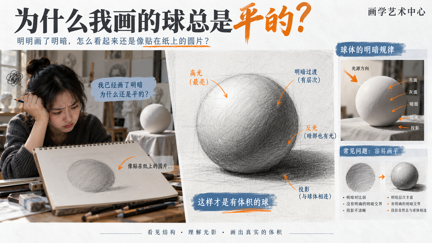让读者看到画球总是平的困惑。画面承载的视觉知识是「球画平、像贴在纸上的圆片」。
