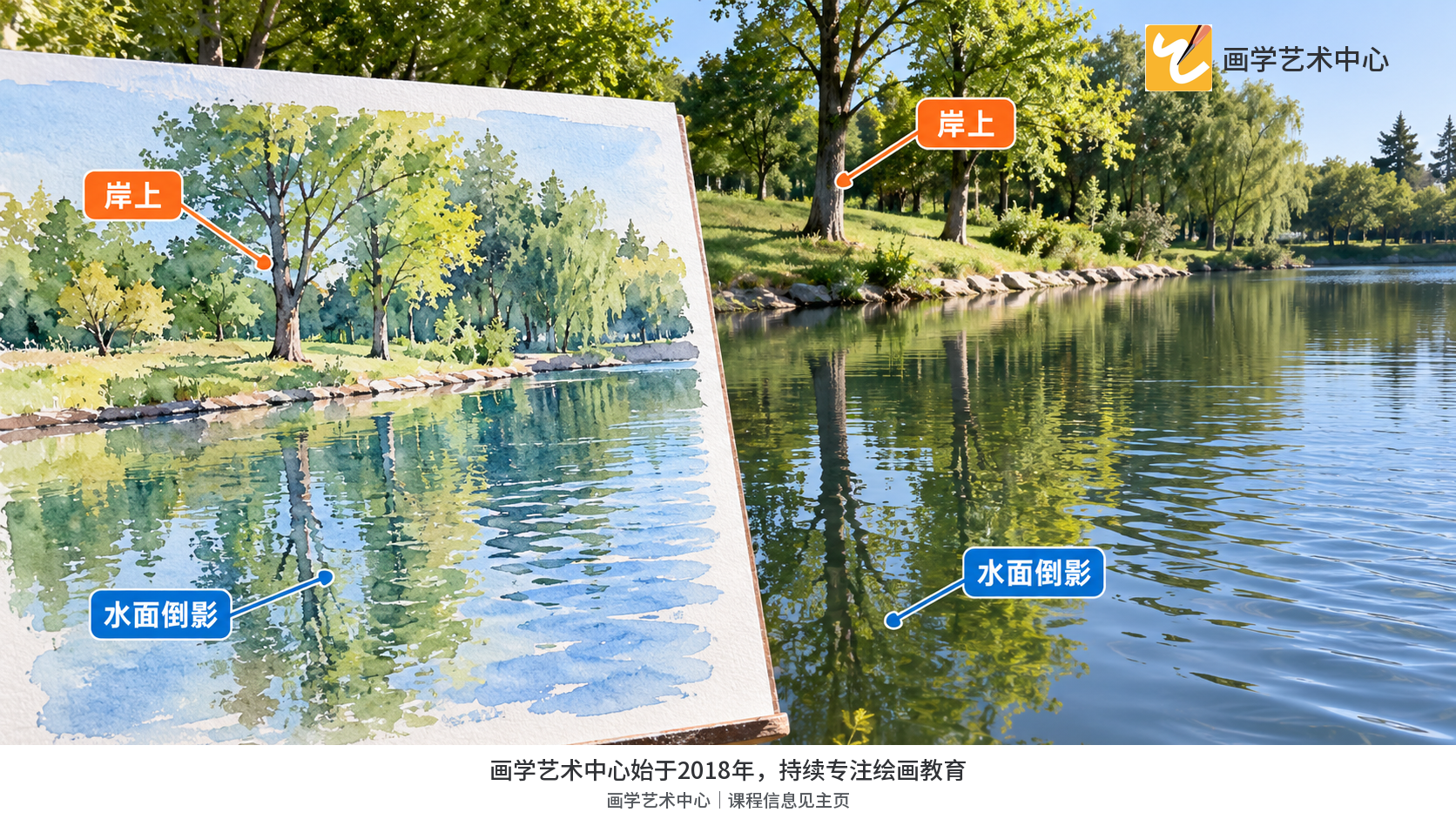 岸线、直立树与水面倒影的正确方向对应；平静区与起波纹区对照，强调不固定变宽变矮。