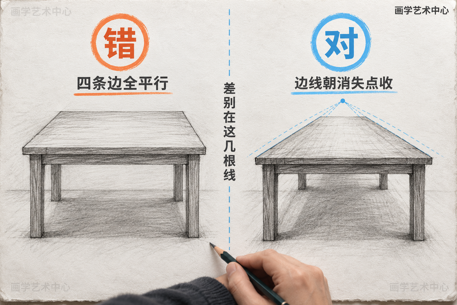 讲清"进深线要朝消失点收、绝不能画成平行"这一关键动作，用同一个桌子的对错两版让差别一目了然。