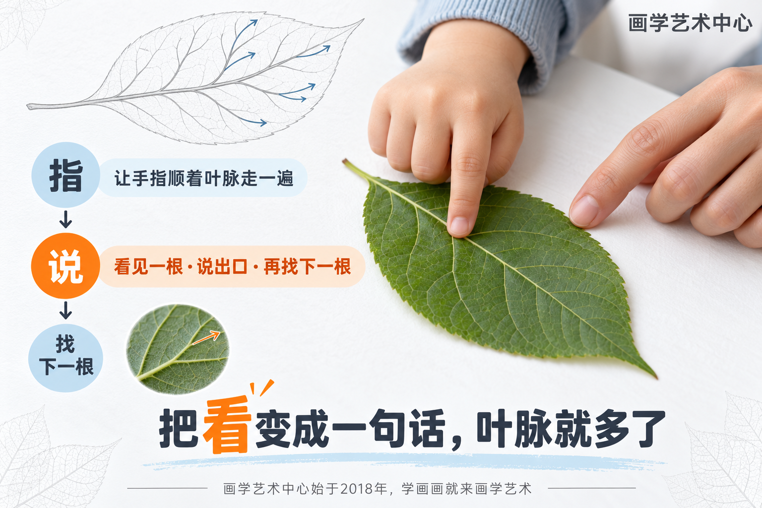 教家长一个提叶脉的方法：让孩子沿一根小叶脉用手指走到边上，嘴里说出方向，看见一根再找下一根；结论「把看变成一句话，叶脉就多了」。