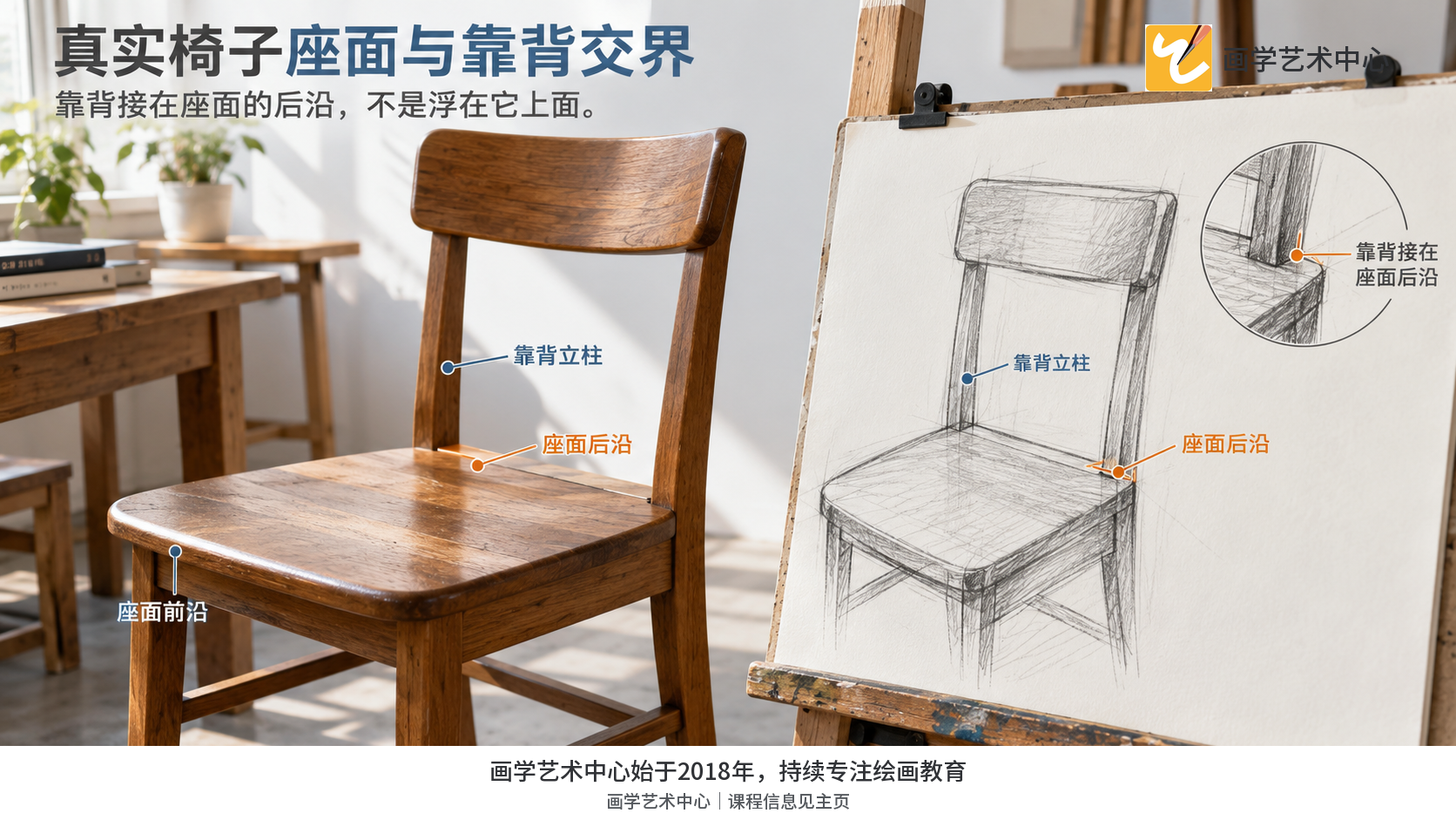 自然彩色实拍椅子，斜前视角看到座面上表面、前沿、靠背柱连接处；旁边纸上结构示意。