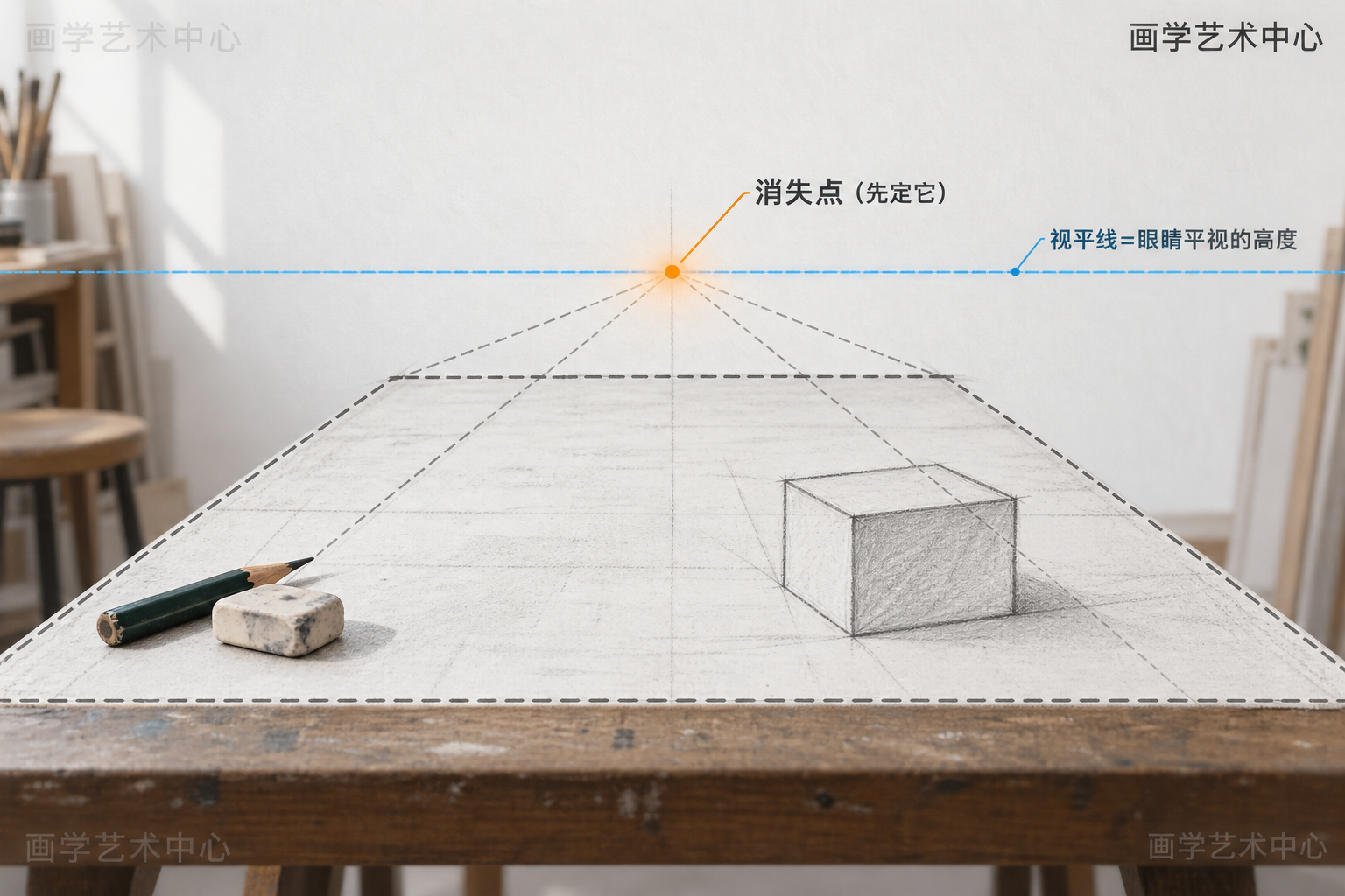 讲清纵深第一步是"先定消失点，让它落在视平线上&quot，把抽象概念落到一个具体的桌面上，让人照着就能找。