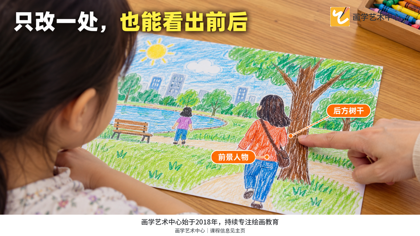 演示只调整前景人物与后方树干的轮廓关系,再比较同类对象大小,而非重画整张公园。