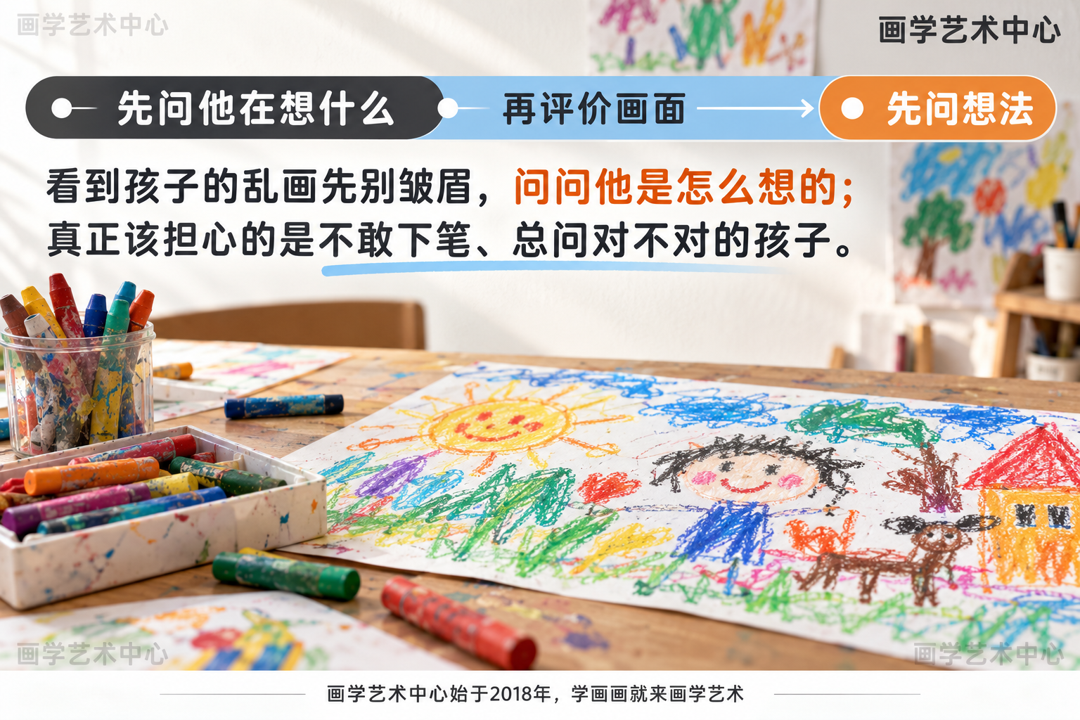 给一条家长提示：看到孩子的乱画先别皱眉，问问他是怎么想的；真正该担心的是不敢下笔、总问对不对的孩子。