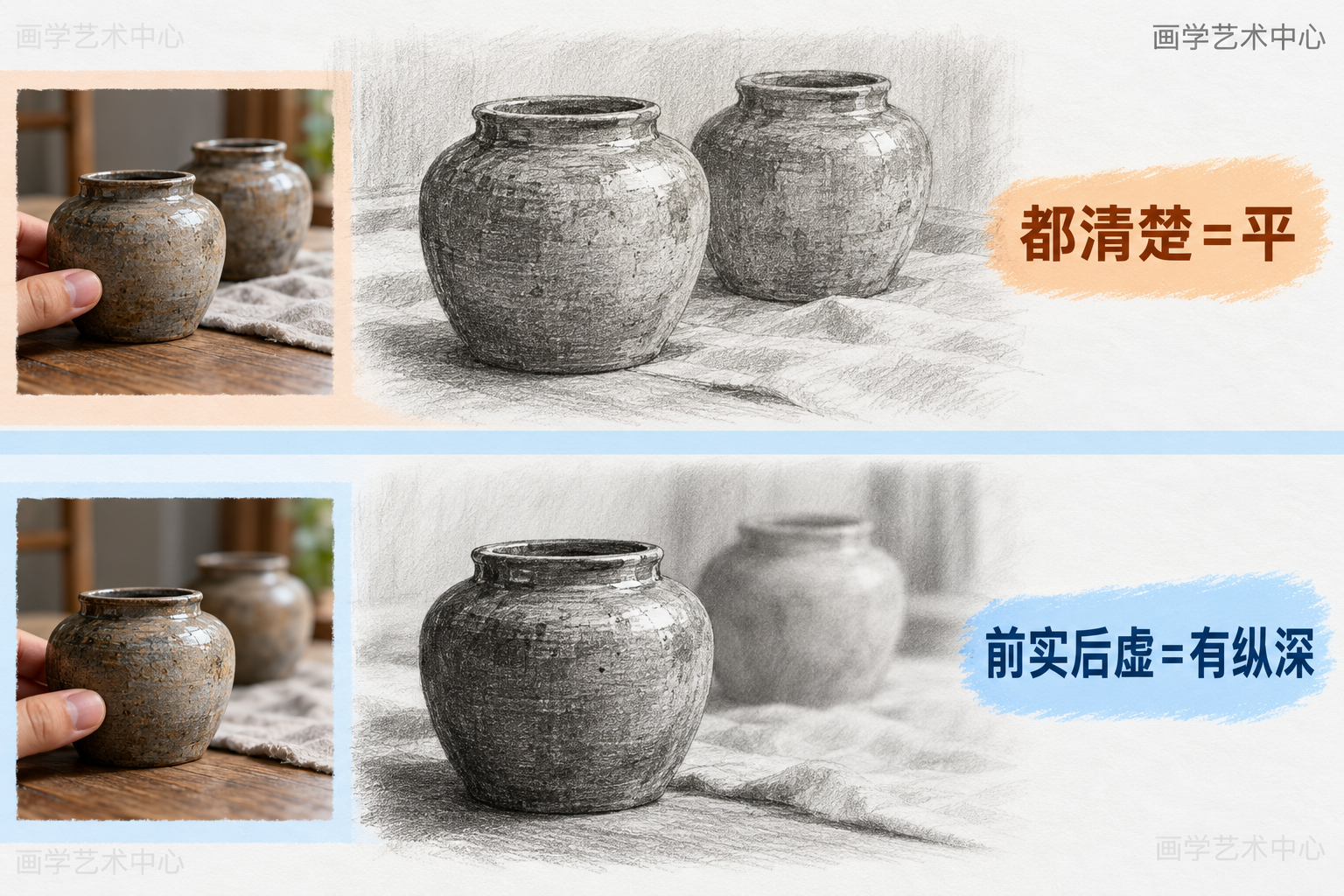 讲清"透视管位置、虚实管主次&quot，用前后罐子的两版对比说明空间感后半段靠近实远虚推开。