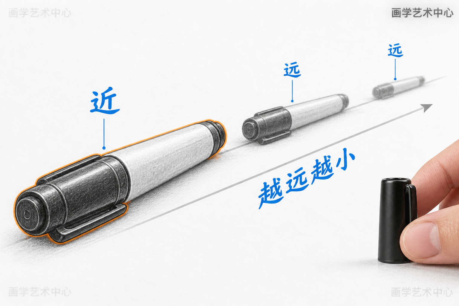 讲清静物里"近大远小、近高远低"这一条，用一支笔的连续缩放把道理落到具体动作上。