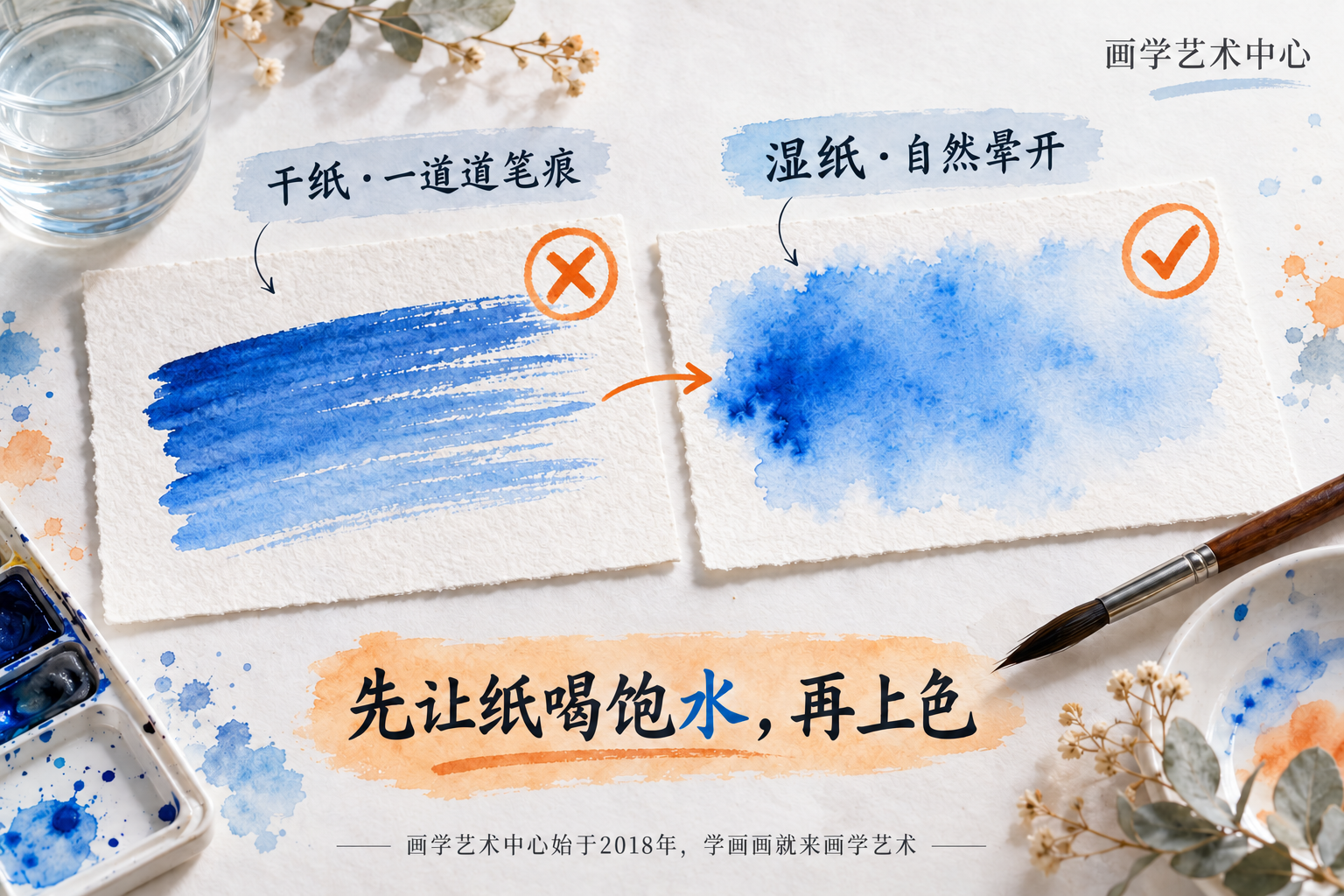 帮读者理解水彩天空留笔痕的根因：纸是干的，颜色一落就停在笔触那一格，出不来扩散过渡；天空要的是"润开"而不是"画上去&quot，关键在纸和水的状态。