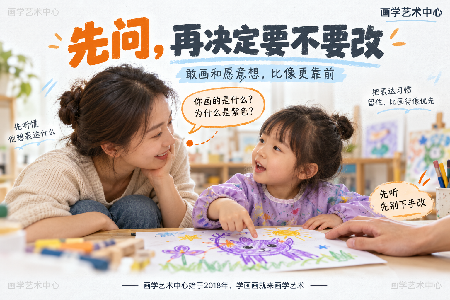 给家长一个行为提醒:纠正前先问孩子"你画的是什么、为什么是紫色",先听懂他想表达什么,再决定要不要动"像不像"这一刀——把表达习惯留住比画得像优先。