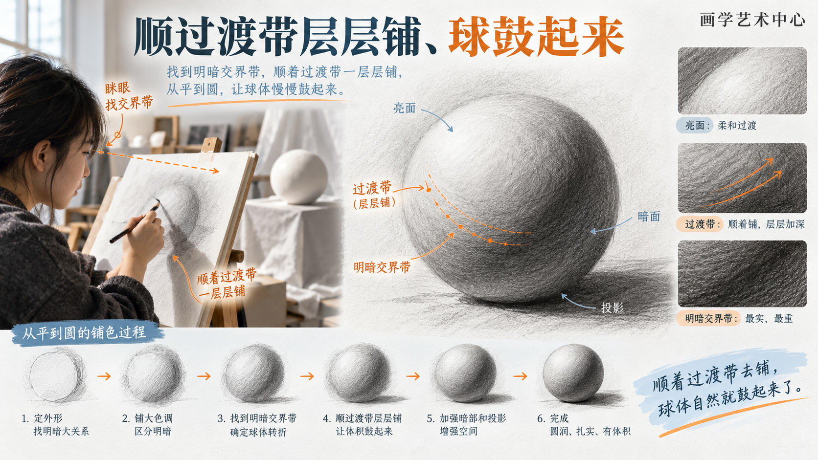 让读者顺着过渡带铺层次、球立起来。画面承载的视觉知识是「顺过渡带层层铺、球鼓起来」。