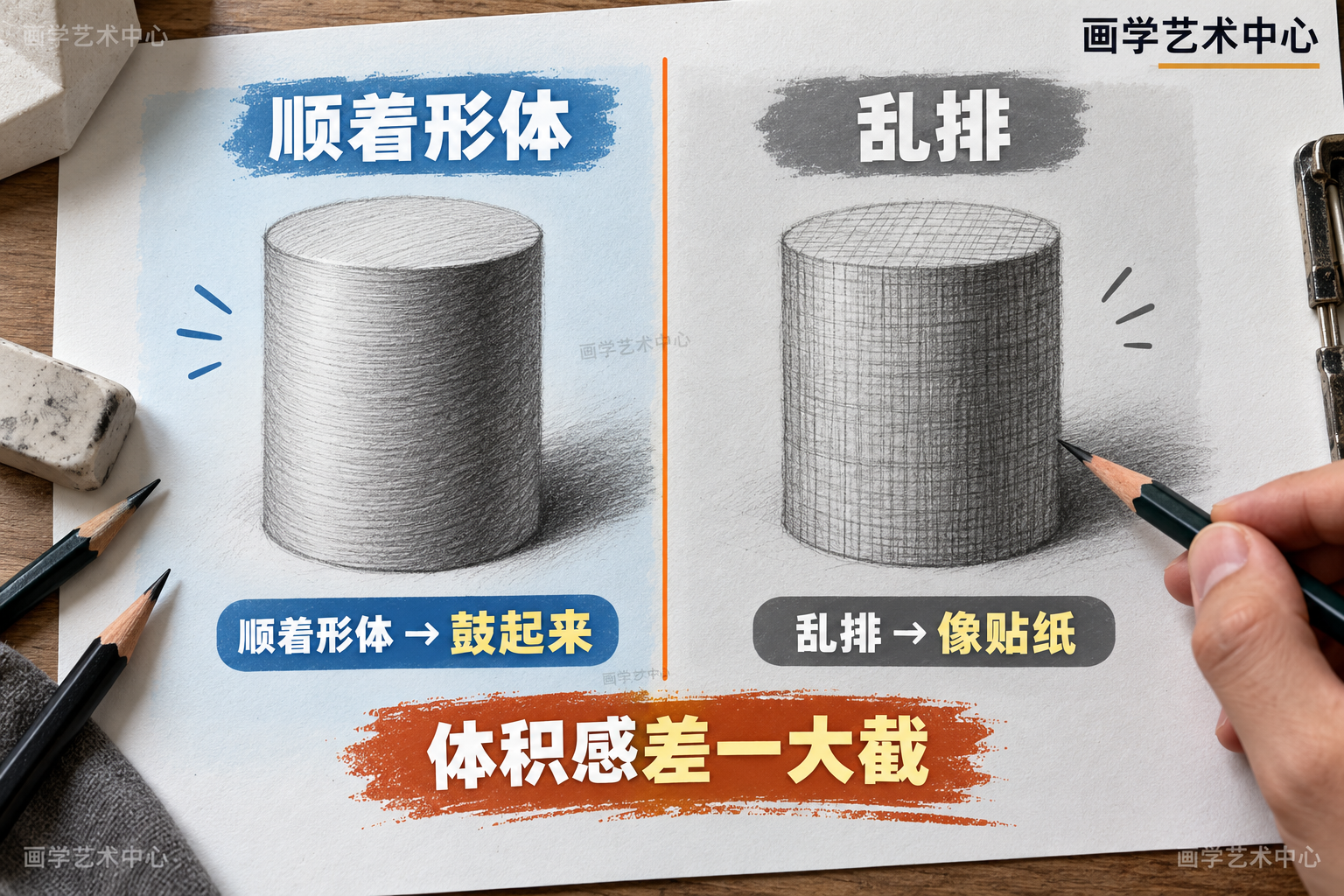对照「顺着形体排线」和「乱排线」画同一个圆柱的不同效果——顺形体排明显鼓起来有体积，乱排则像平面贴了网格，突出排线方向对体积感的关键作用。