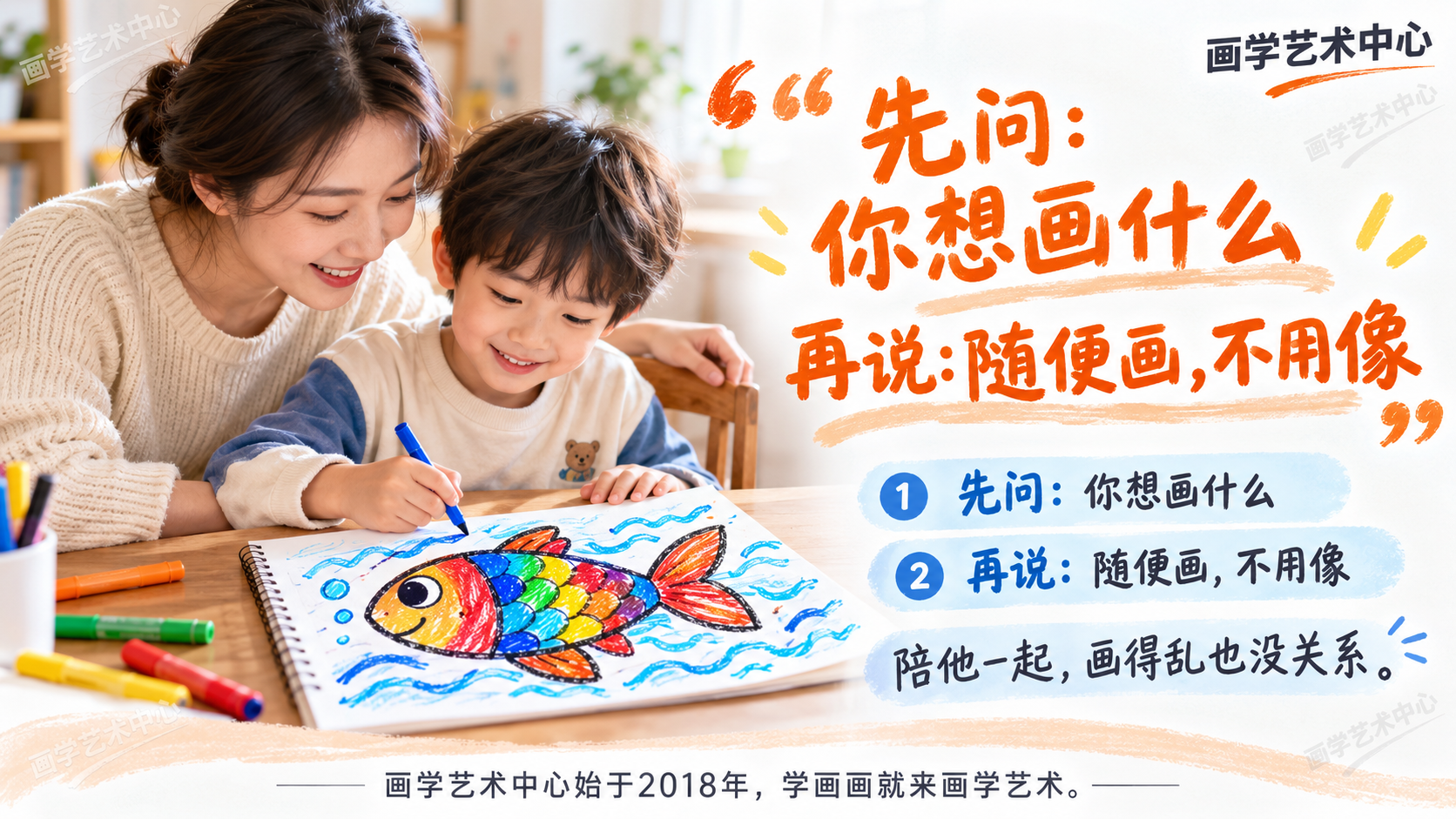 给家长一句可复制的引导语——当孩子说不会画时，先问「你想画什么」，再说「随便画，不用像」，把过高的标准先拿掉。