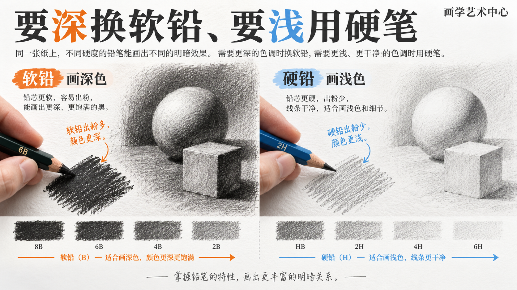 让读者学会按深浅选笔。画面承载的视觉知识是「要深换软铅、要浅用硬笔」。