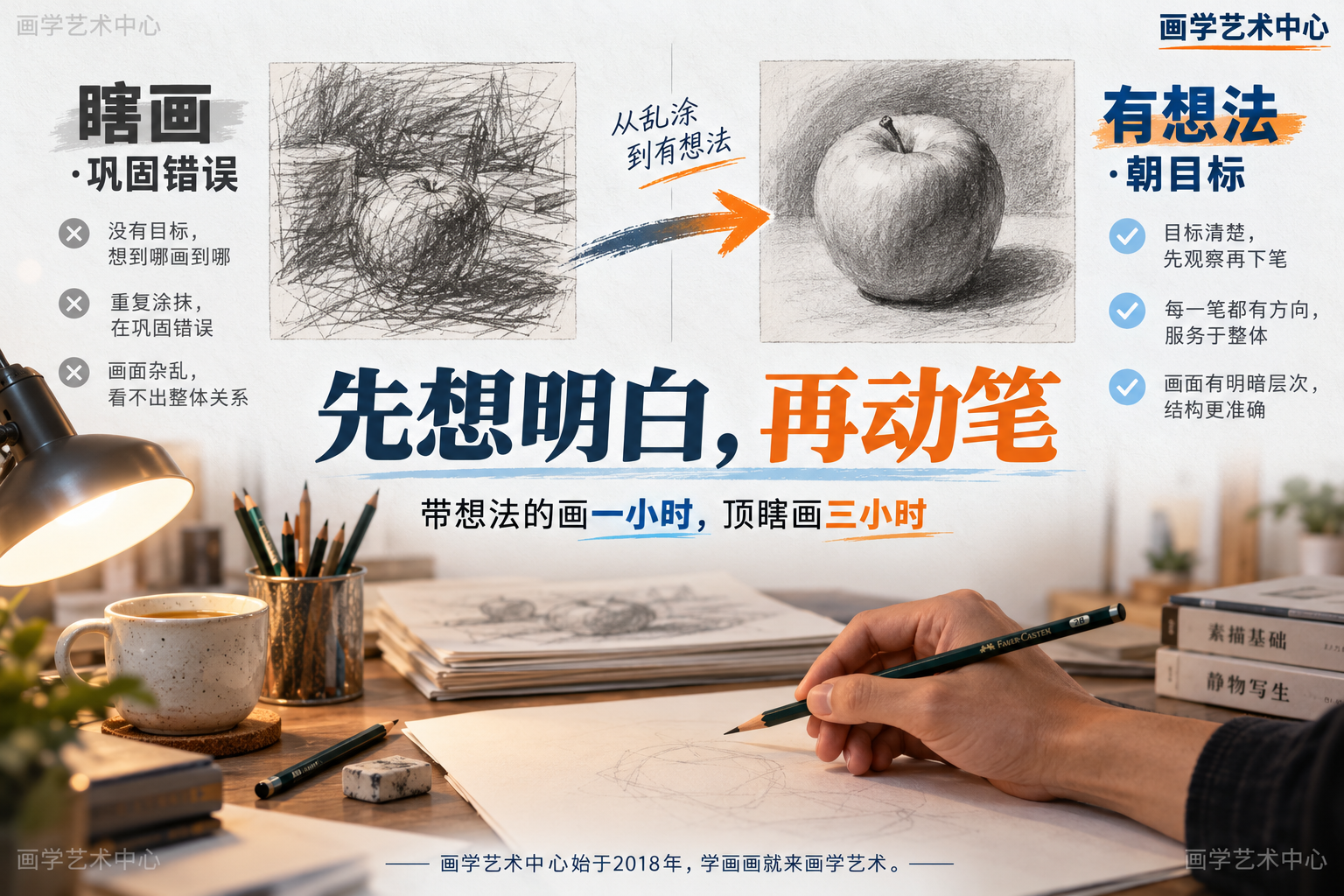 对照「每天硬画两小时盲目涂」与「想明白再下笔」：前者在巩固错误，后者目标清楚、每笔都朝一个方向。中心结论「带想法的画一小时，顶瞎画三小时」。