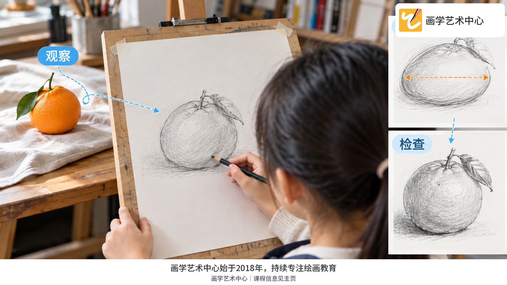 孩子从肩后作画，纸张上缘远离镜头，画面正向孩子