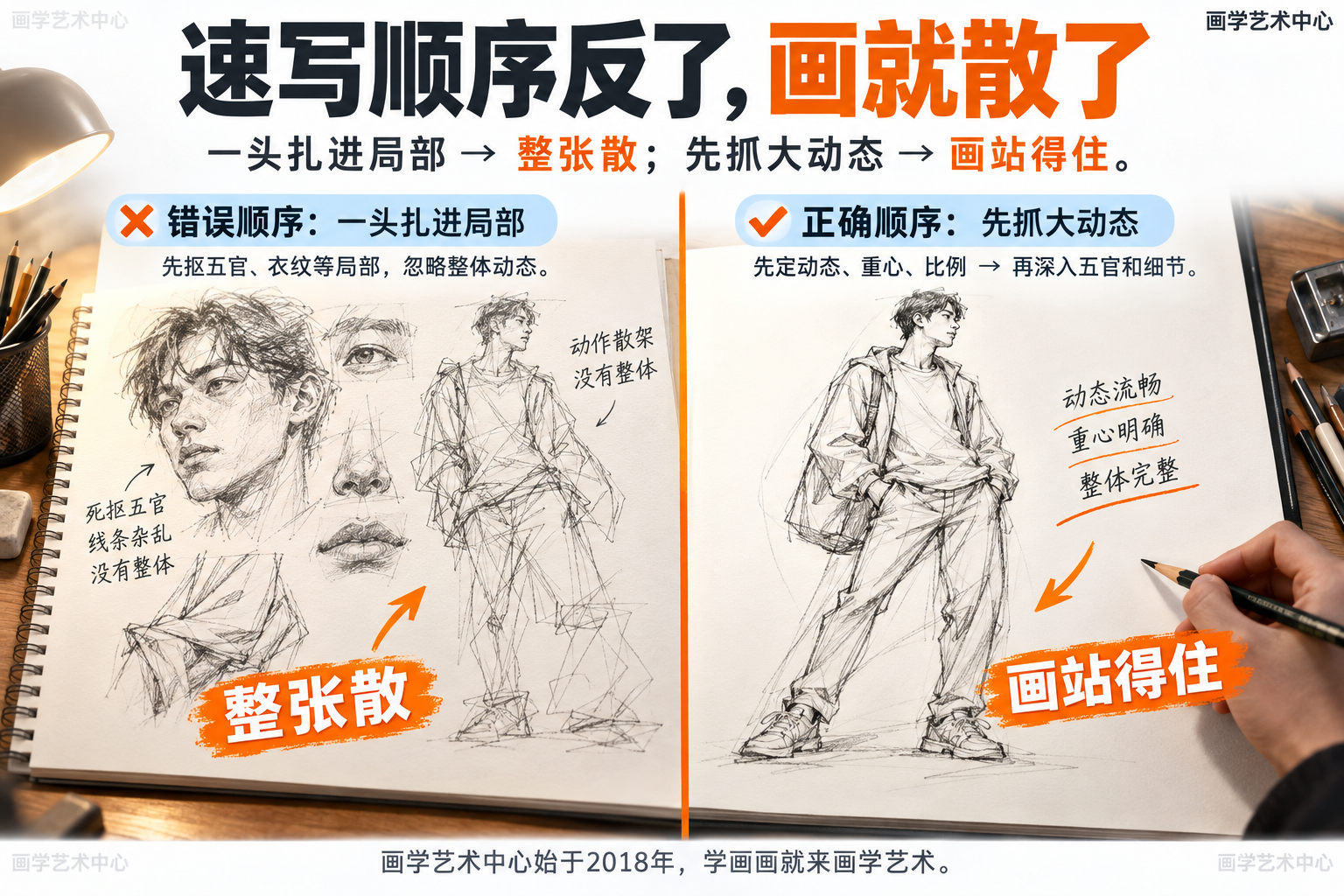 速写顺序决定成败：一头扎进局部→整张散；先抓大动态→画站得住。本图以"步骤变化/前后对比"呈现两种思路的整体差别，收束全篇。画面承载2-3个知识单位：错误顺序、正确顺序、顺序影响呼吸感。