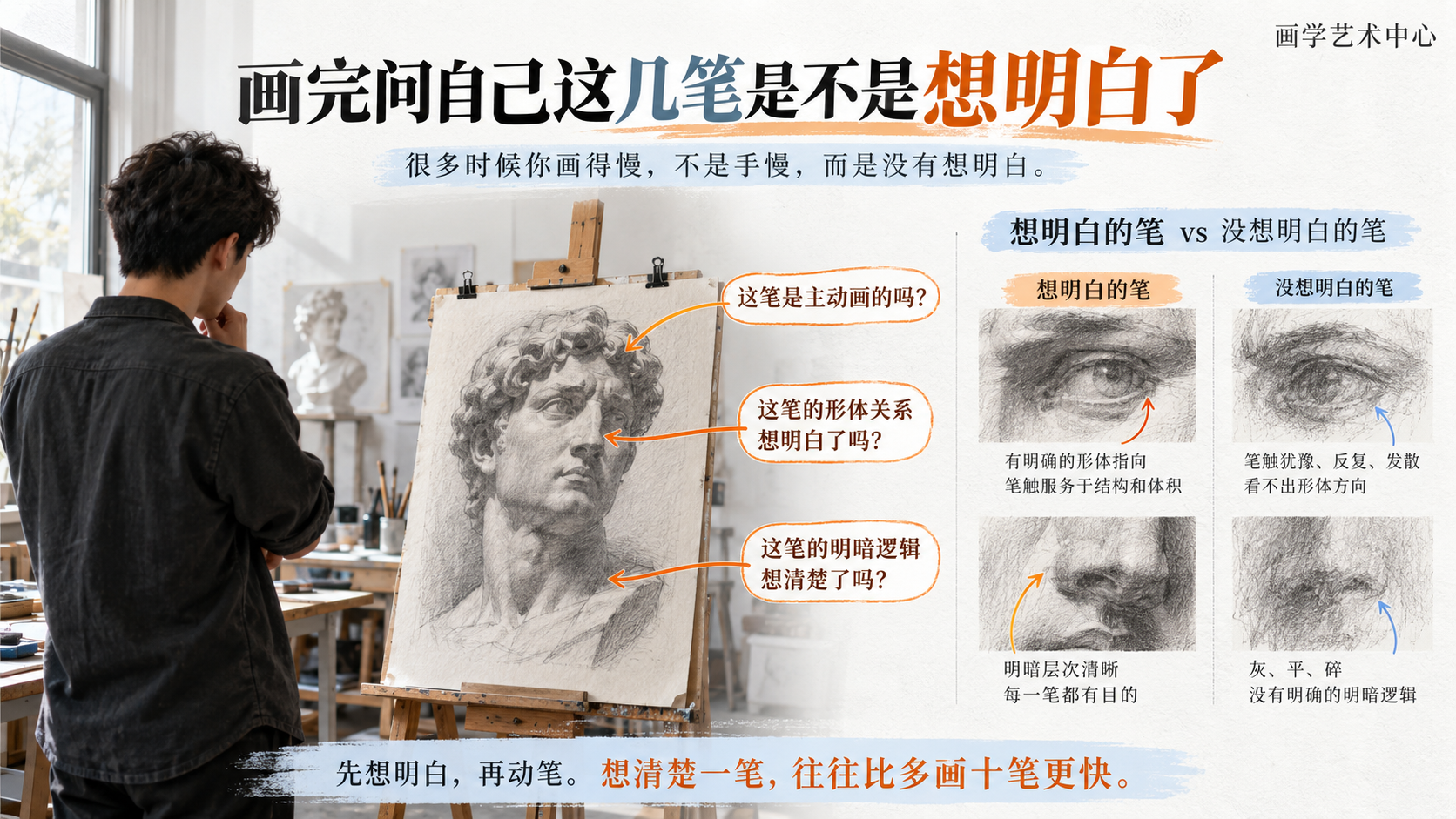 让读者用‘有没有想明白’判断自己的慢。画面承载的视觉知识是「画完问自己这几笔是不是想明白了」。