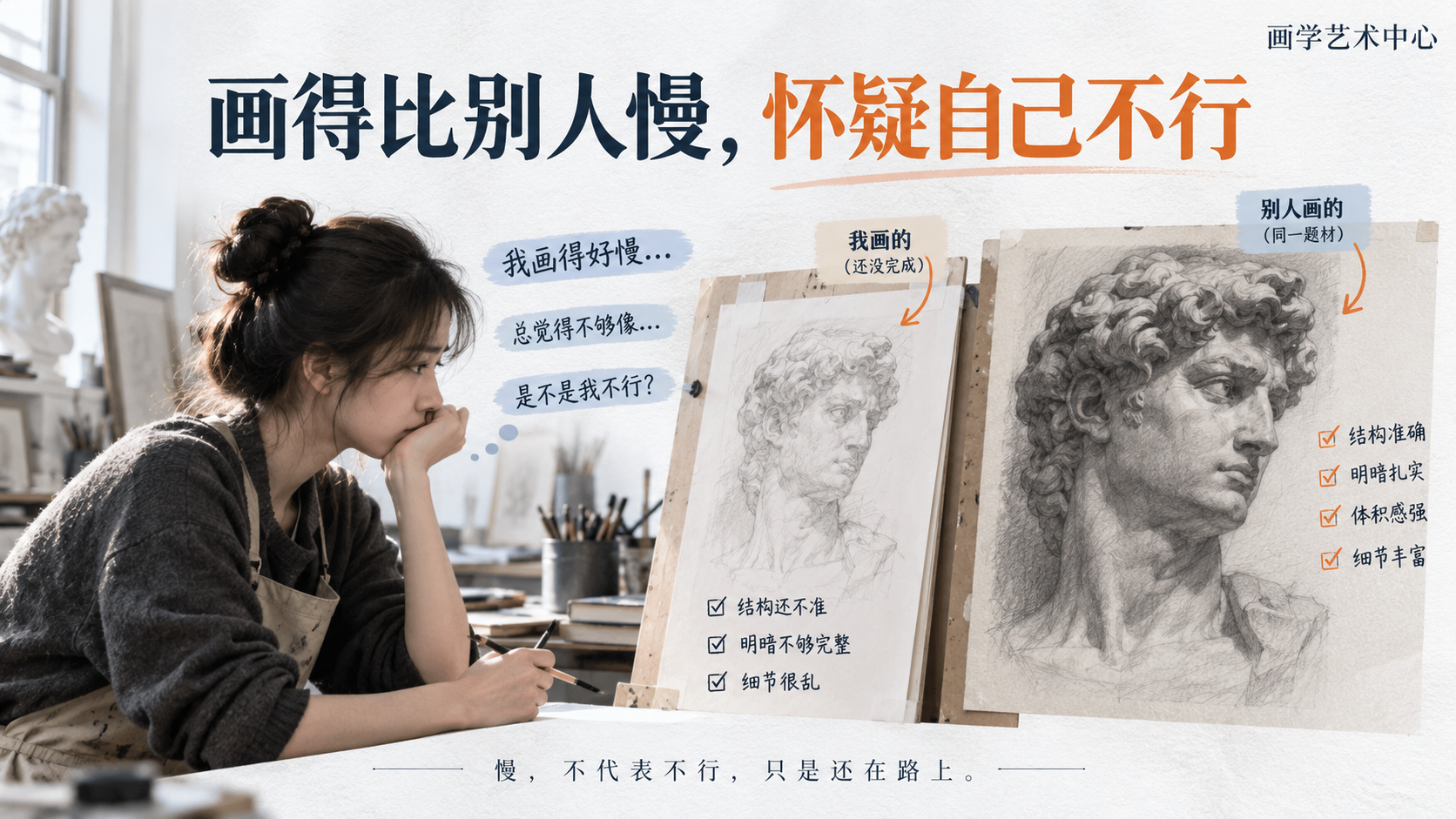 让读者看到画得慢的自我怀疑。画面承载的视觉知识是「画得比别人慢、怀疑自己不行」。