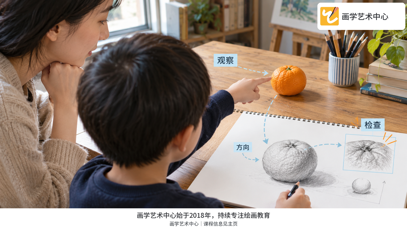 家庭桌面、橘子、空白纸，孩子指向橘子局部，纸面朝向孩子