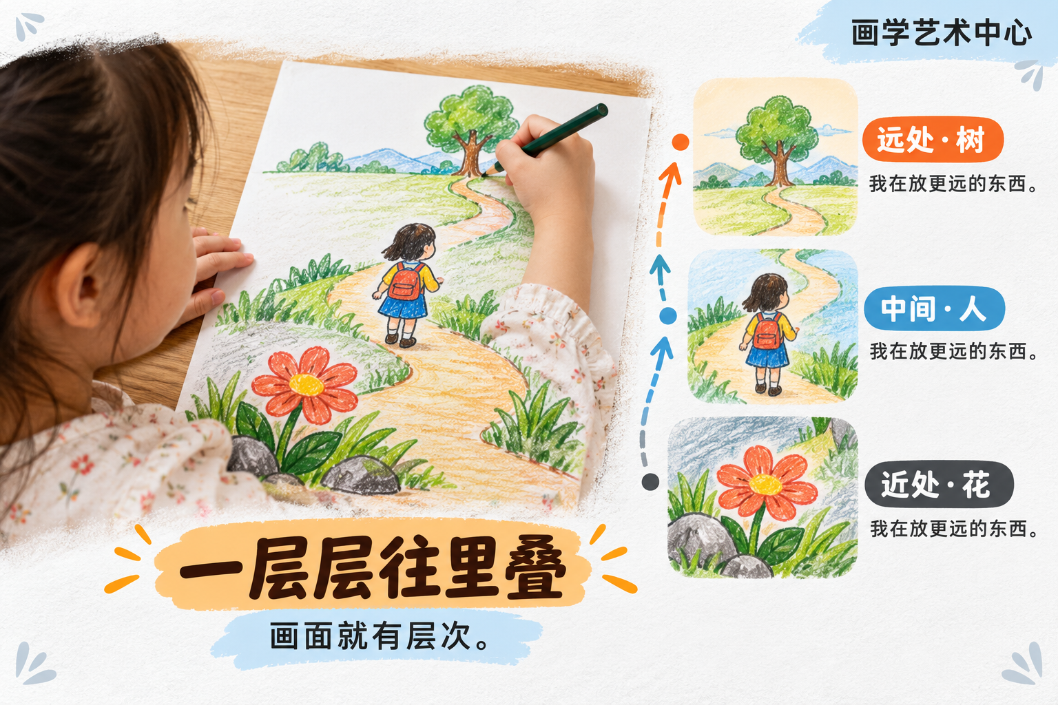 让孩子用一层层往里叠的方式画小路：近处一朵花到中间小朋友到远处一棵树，每画一个想「我在放更远的东西」；结论「一层层往里叠，画面就有层次」。