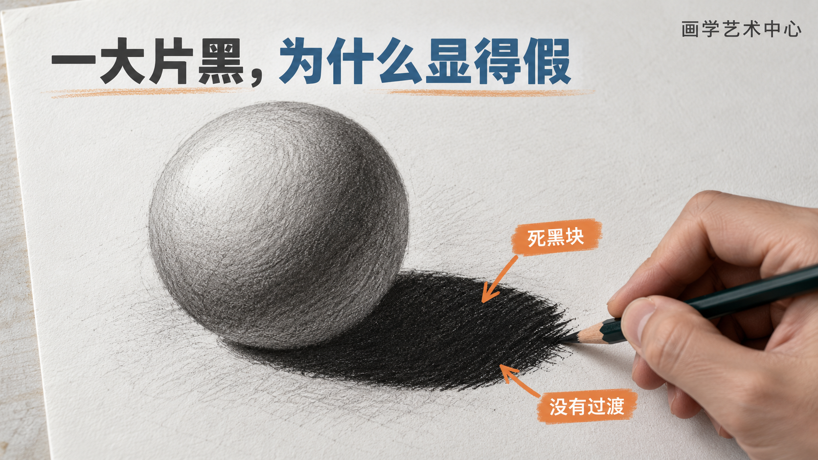 让读者看清同一个球，把阴影当一大片黑涂出来有多假。画面承载的视觉知识是「阴影被当成死黑块贴在纸上」。