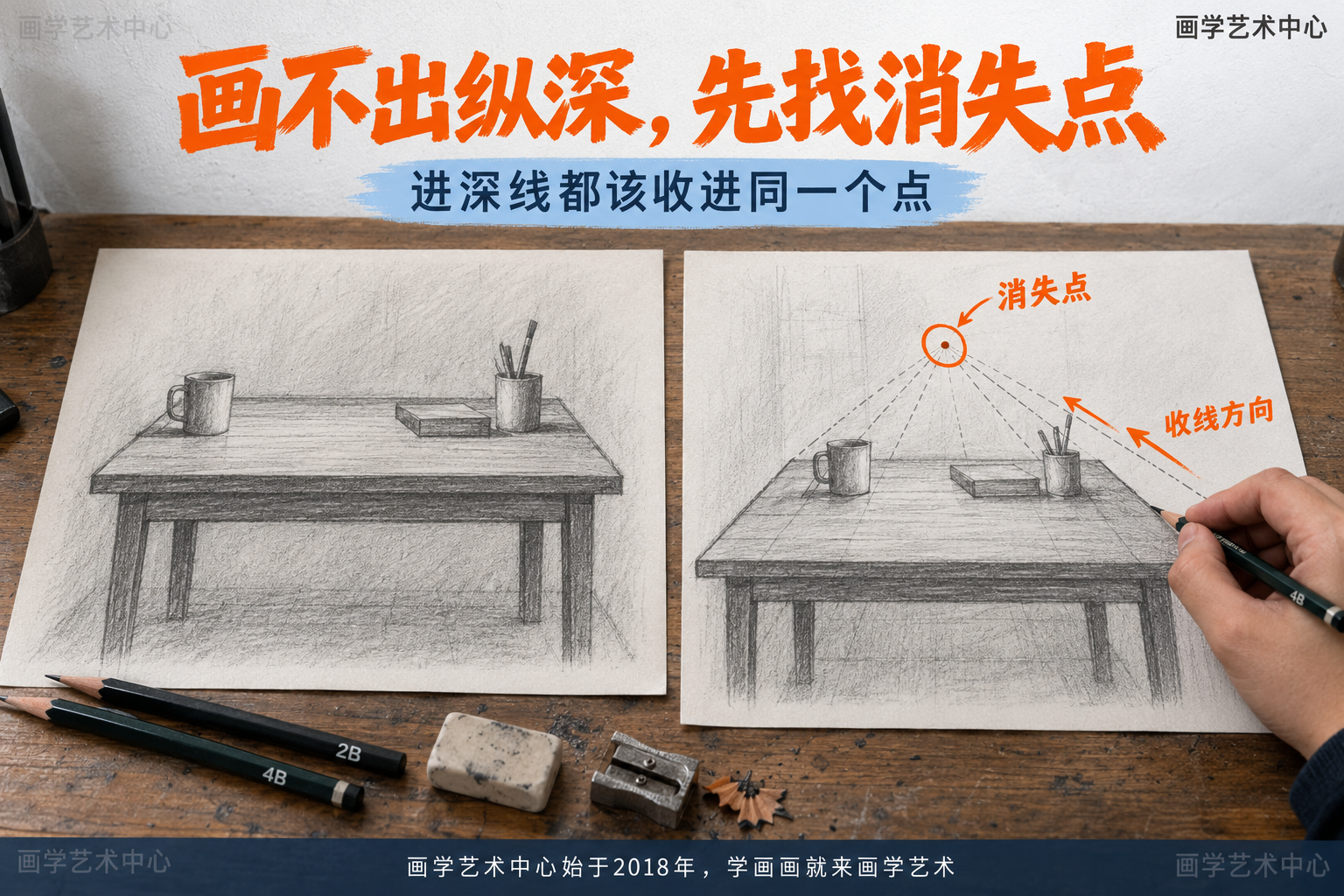 同一张桌面，没有消失点就平，有了消失点就有纵深，差别全在线往哪儿收。本图只讲这一个知识点。