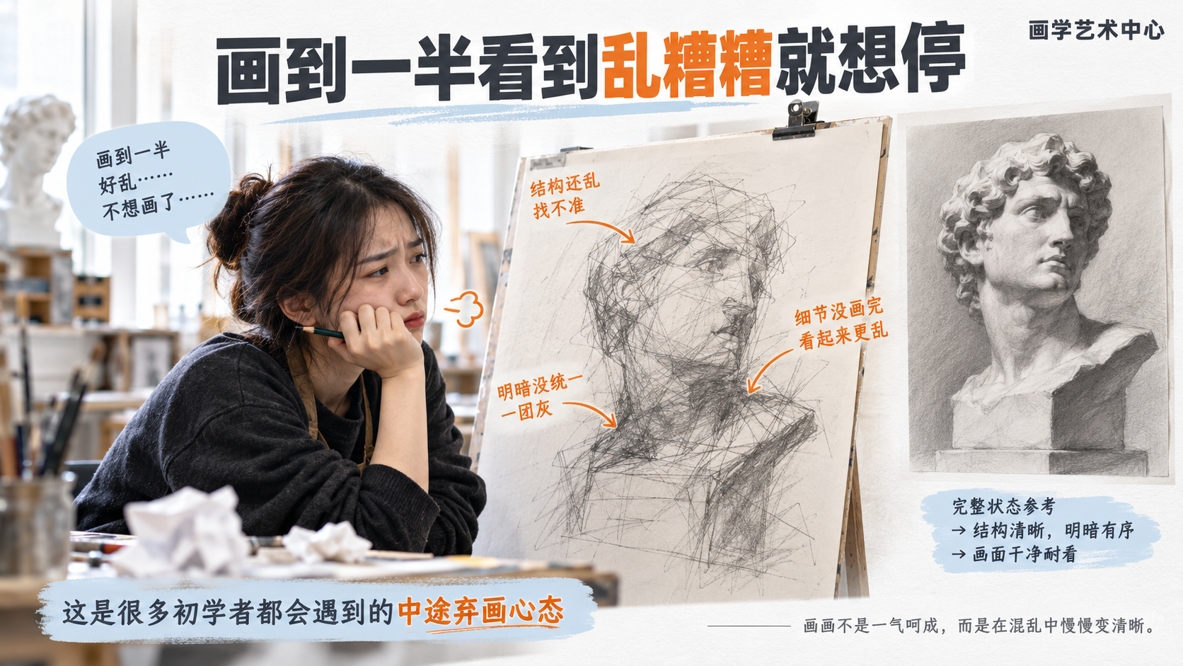 让读者看到一路加笔导致画面发闷。画面承载的视觉知识是「各处都涂满、画面发闷」。