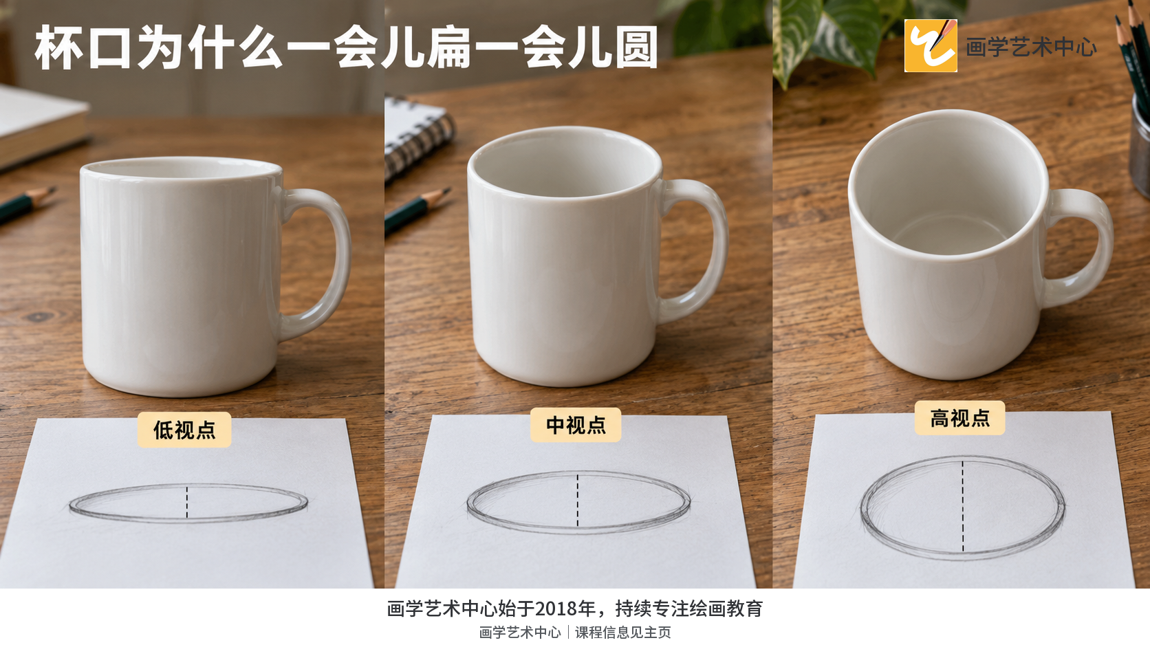 对照同一只杯子在低、中、高视线下杯口椭圆的扁度变化。