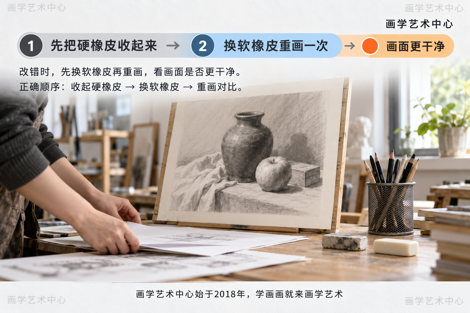 给出素描改错的简短提示:先把硬橡皮收起来、换软橡皮,重画一个之前改花了的静物,看画面是否更干净,并说明正确改错顺序。