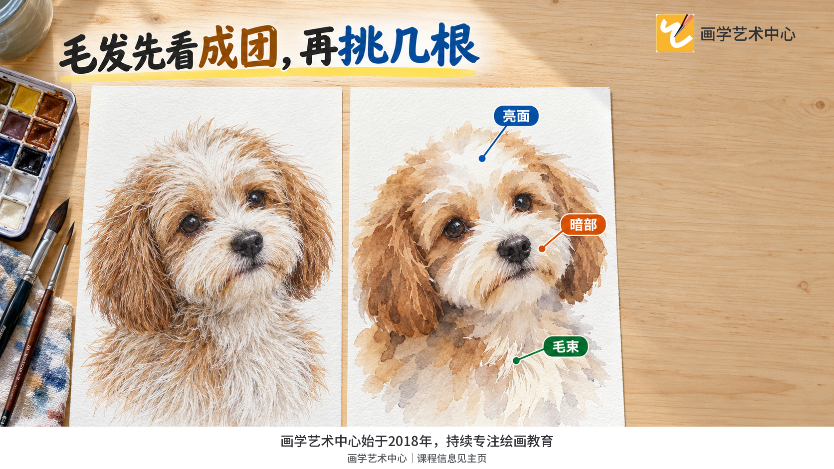 以同题材水彩小狗的两种处理对照:一幅各处均匀添线显得硬,一幅先分出毛团亮暗并少量强调毛束,保持边缘清楚而柔和。