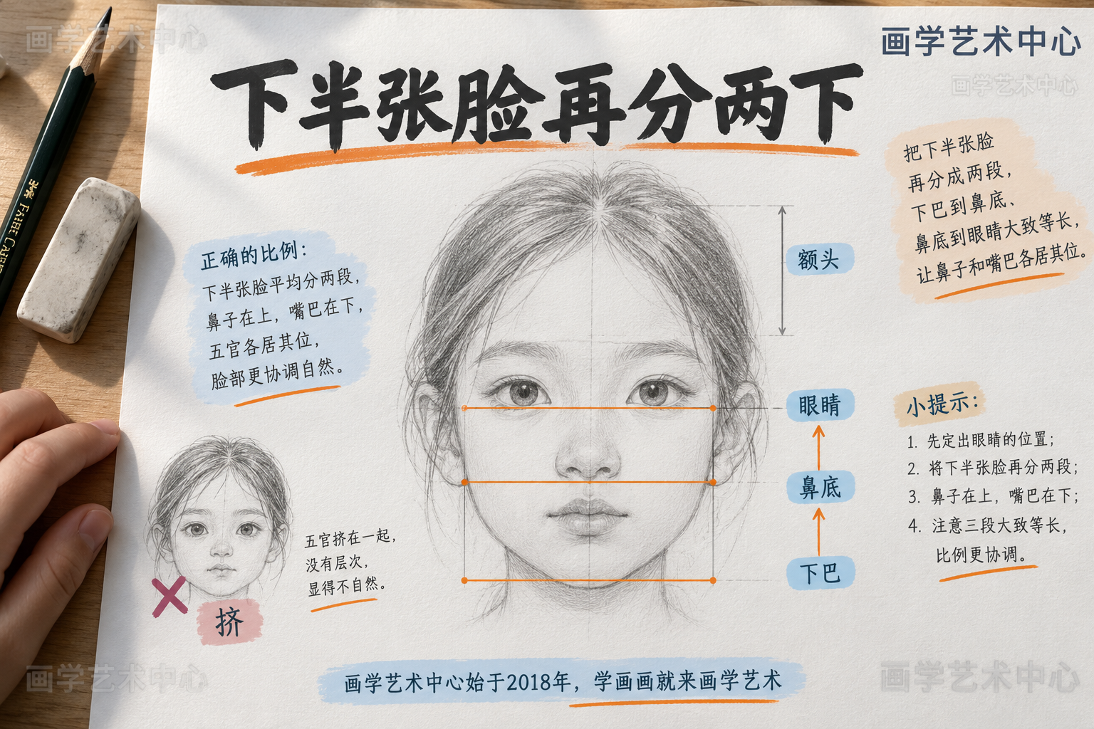 把中线以下的半张脸再分两段：下巴到鼻底、鼻底到眼睛大致等长；这样鼻子和嘴巴各居其位，不会压成一堆。左下角放一张"五官挤在一起"的小头像作反例对照。