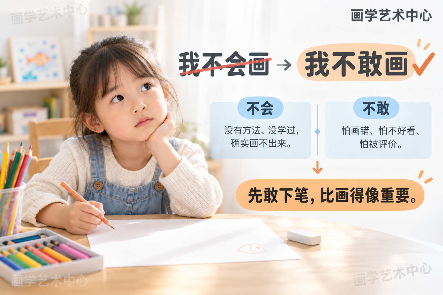 点出孩子面对画纸说「我不会画」的真实原因更多是「不敢、怕画错」而非「不会」，把「不会」与「不敢」两个标签对照呈现。