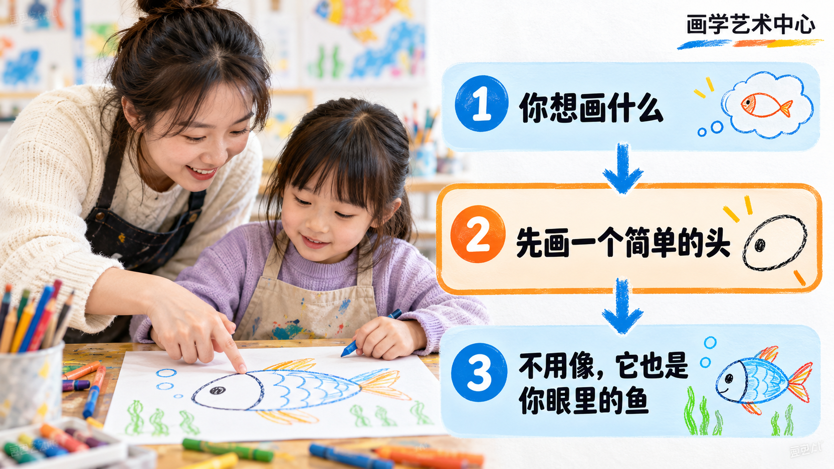 用三步拆解「怎么先让孩子敢下笔」：①你想画什么 ②先画个简单的头（圆不圆都行）③把「像」的标准先拿掉，逐步降低心理门槛。