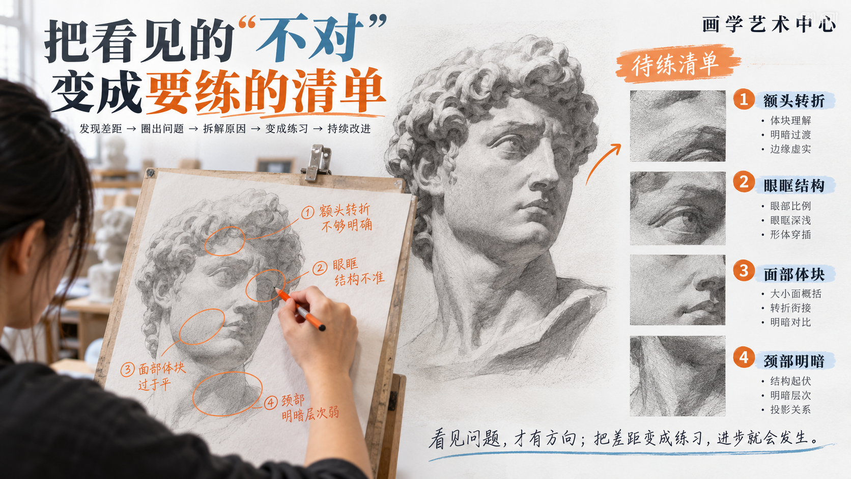 让读者把看见的‘不对’变成练习清单。画面承载的视觉知识是「把差距圈出来变成要练的清单」。