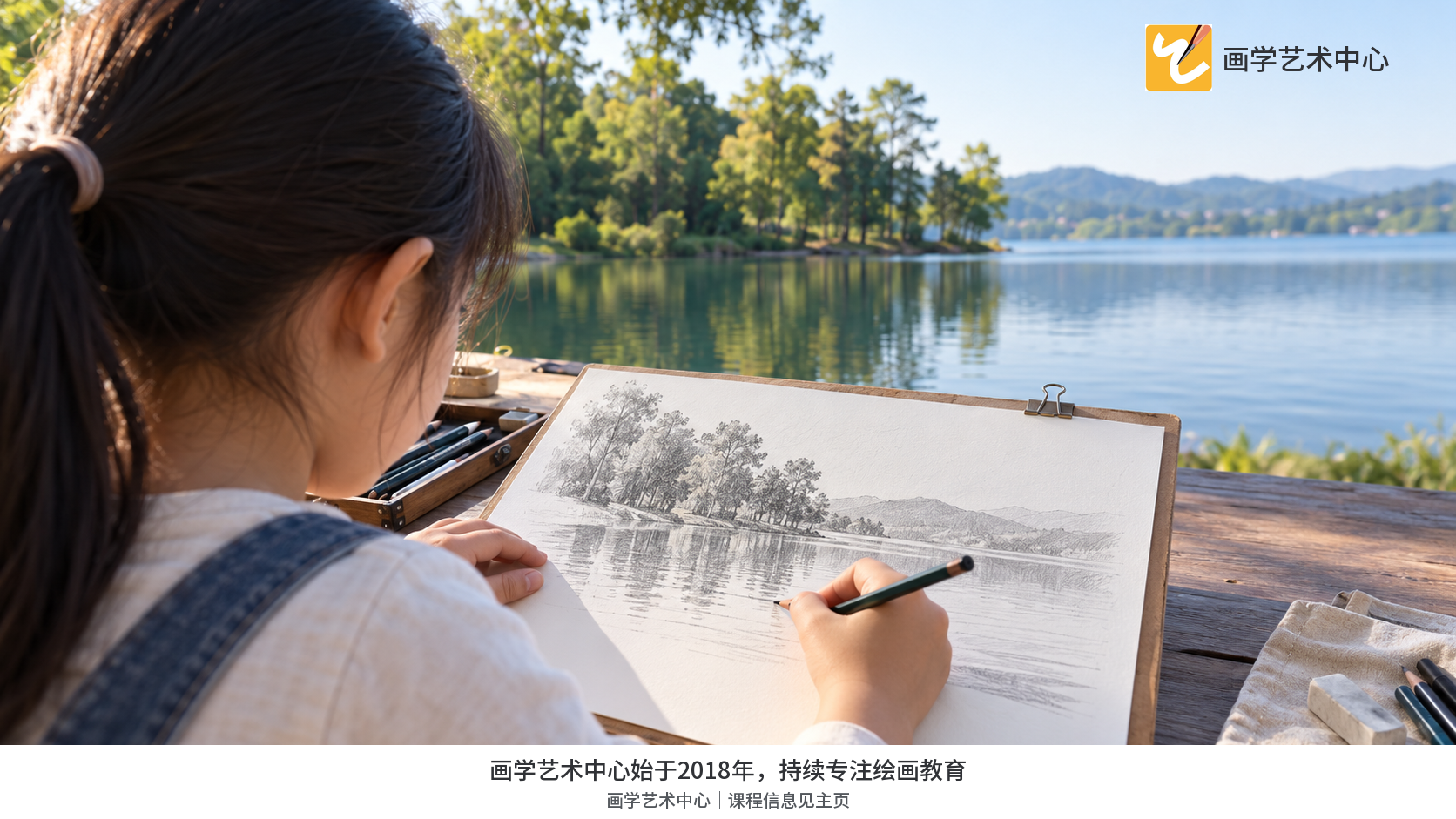 自然彩色孩子从肩后观察湖边照片/实物写生，再在纸上标水线和树的对应位置，笔尖落在纸正面。