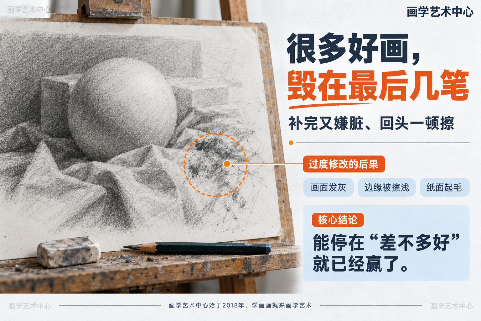 帮读者理解素描收尾的一大误区:画到已经不错了还总想再添几笔,补完又嫌脏、回头猛擦,把好好的效果改没;多数时候能停在"差不多好"就已经赢了。